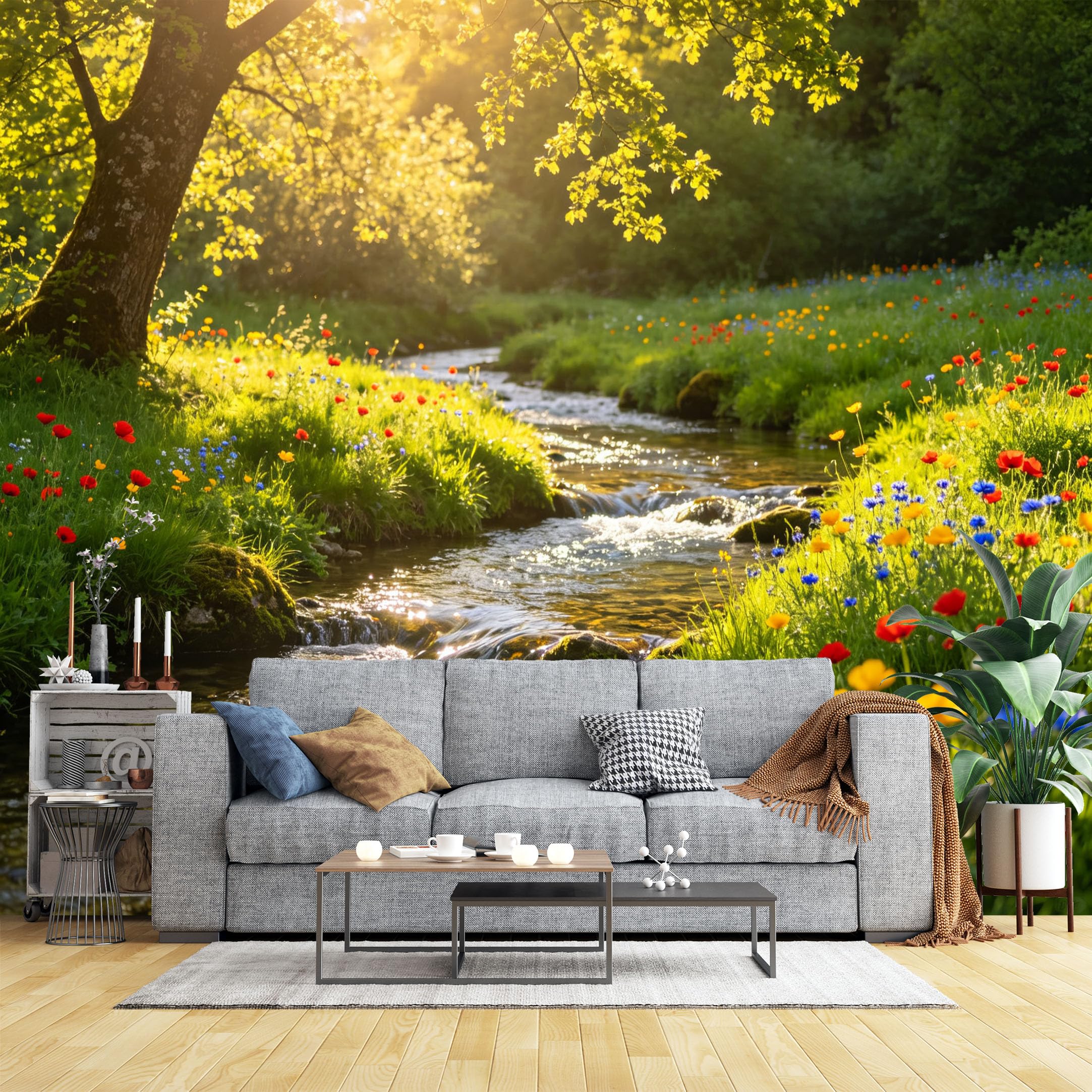 Lcythiazole Ch260604082 Custom Size Wall Murals Sunlit Wildflower Forest Brook Hd Self-Adhesive Wall Fabric (No Pvc) Removable Wallpaper For Living Room Home Decor