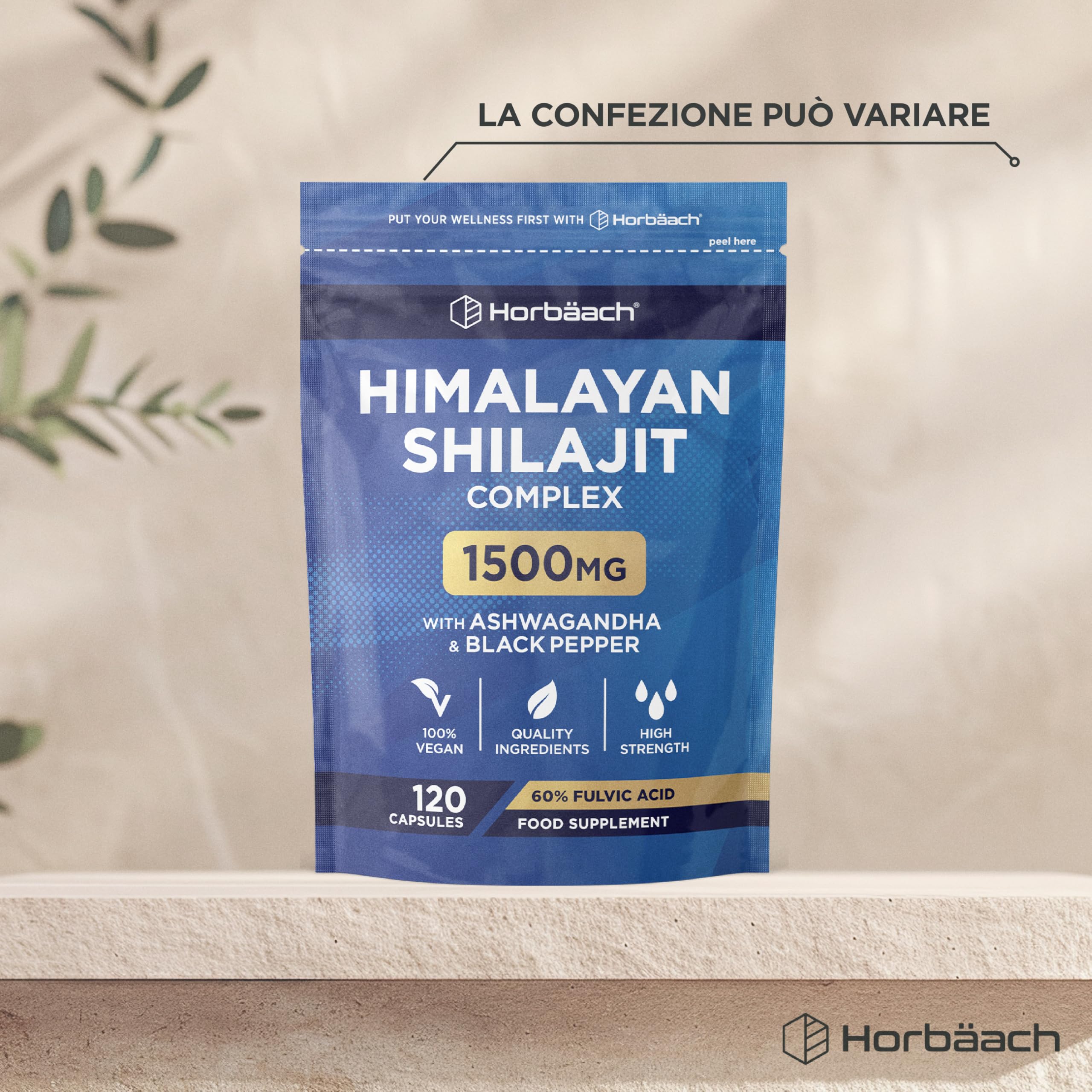Shilajit Himalayano Puro Capsule | 1500 mg | 60% di Acido Fulvico | 120 Capsule Vegane | Integratore Alimentare di Estratto di Shilajit dalla Fonte Himalayana | Shilajit Complex | Horbaach