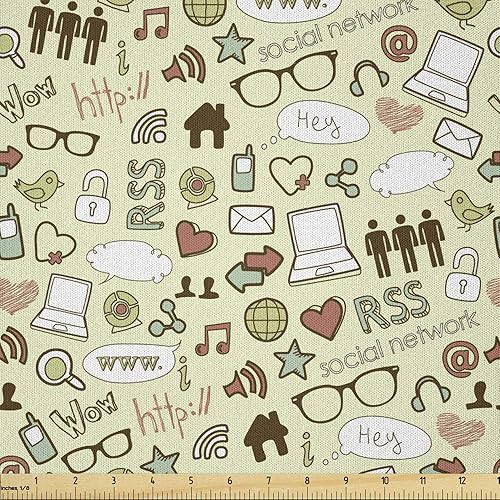 Ambesonne Geek Fabric by The Yard, composición de elementos temáticos de TI con gafas para computadora portátil y red social, tela de microfibra