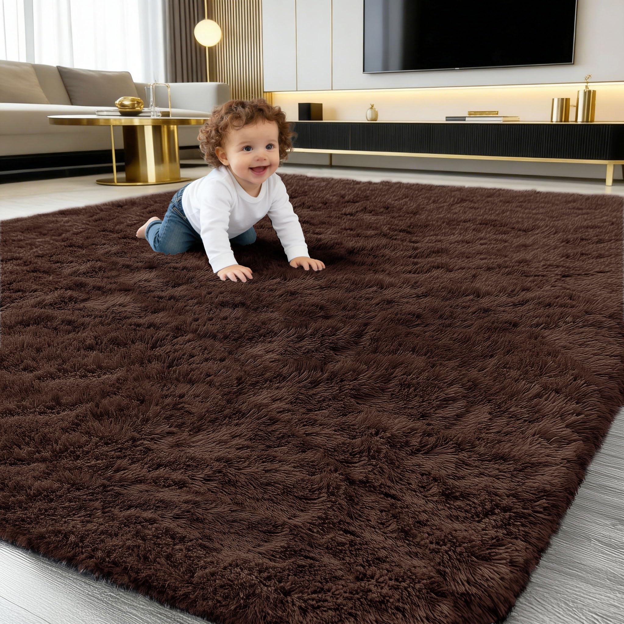 smiry Fluffy High Pile Rugs Living Room, Anti Slip Shaggy Soft Carpet, Machine Washable Modern Large Thick Area Rugs for Bedside, Kids Bedroom - Coffee, 120 x 160 cm