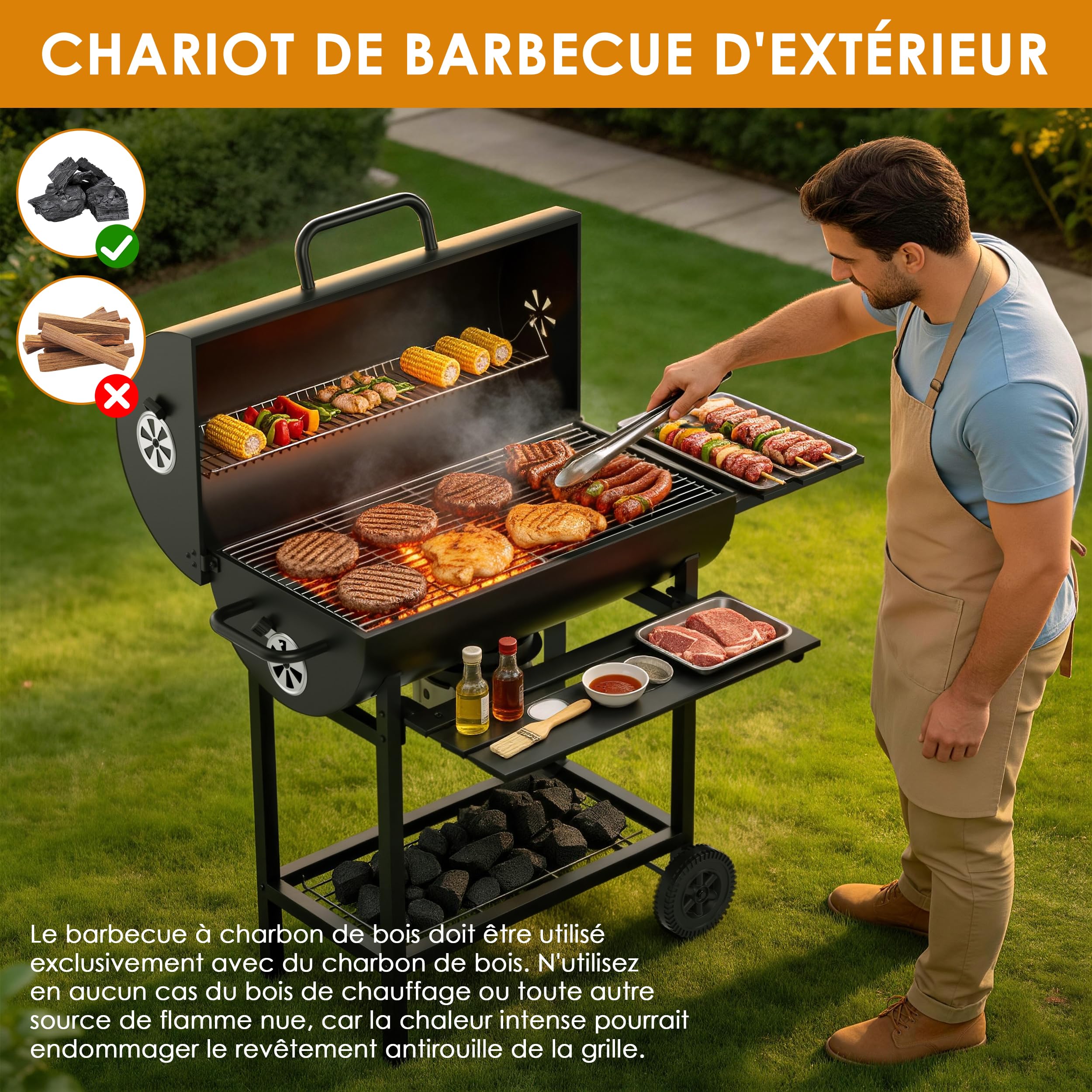 TEENO Barbecue à Charbon de Bois, Grille XXL Double Couche, Thermomètre, Tiroir à Cendres, Évents Réglables, Roulettes, Tablettes Latérales, Gants et Pince, Barbecue Extérieur Jardin Balcon Famille