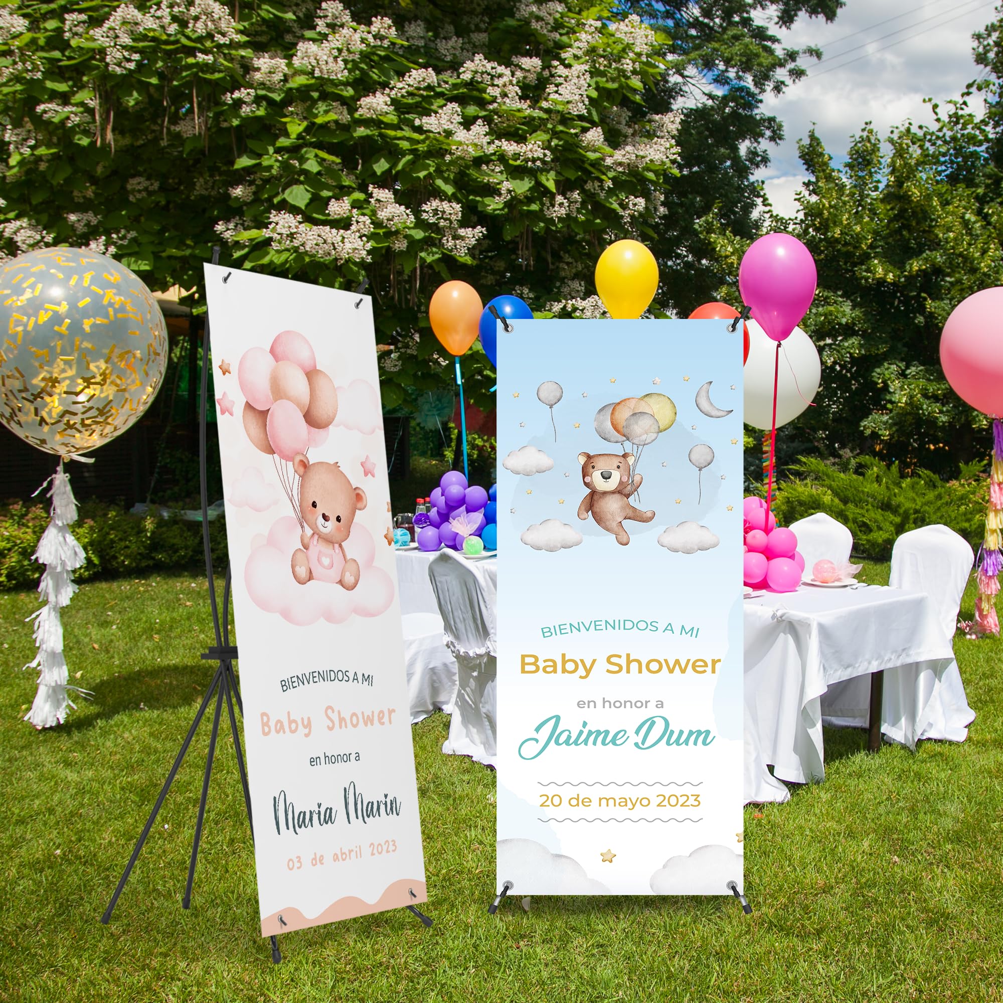 Decoración Baby Shower Niña y Niño | Photocall con Fecha y Nombre del Futuro Bebé Personalizables - Fiesta de Revelacion Sexo Bebe (Modelo 2)