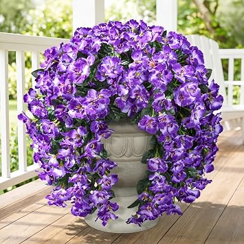 Fake Hibiscus Artificial Hanging Flowers Plants for Outdoors Decoration, 2pcs Silk Hibiscus Vines Realistic UV Resistant Dark Purple Faux Flowers for Outside Planter Porch Patio Yard Home Party