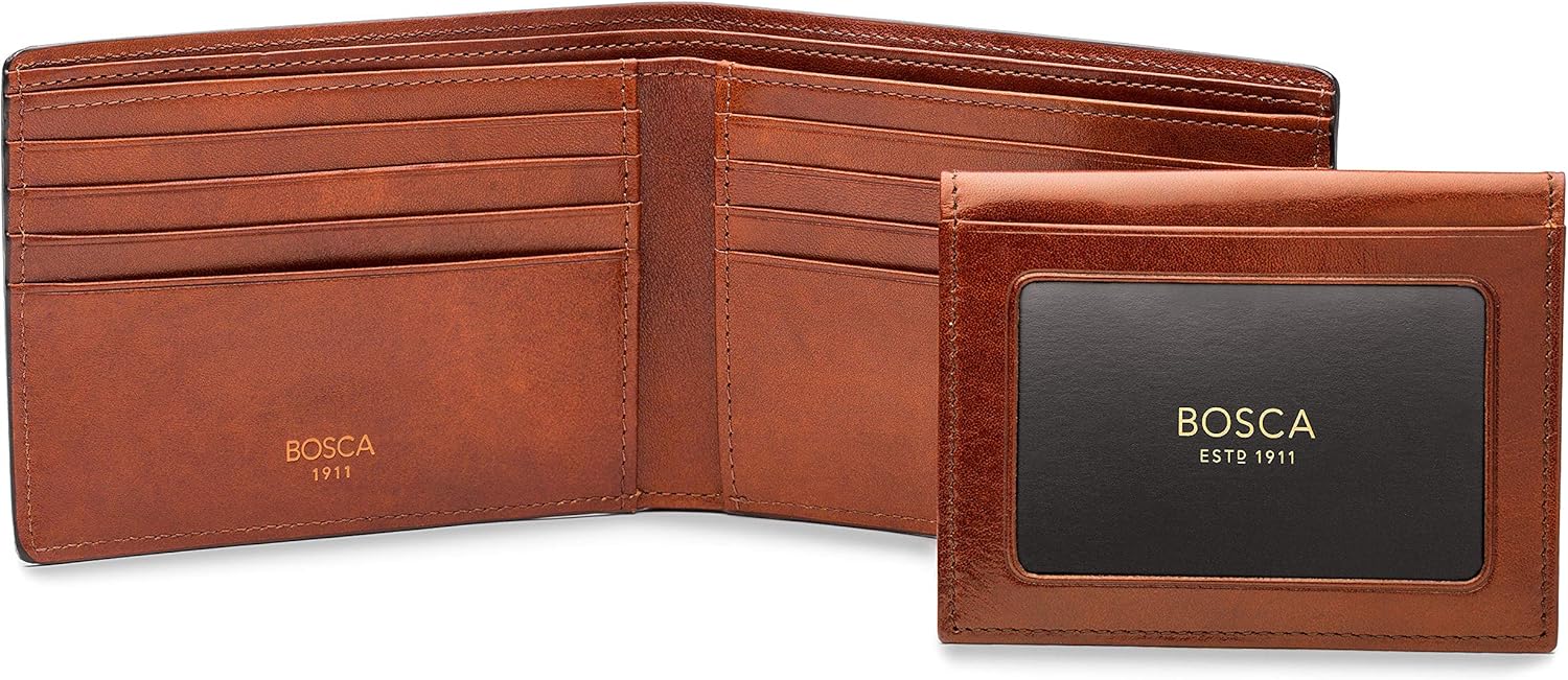 Bosca Men's Leather Wallet with Removable ID Passcase - Dolce Italian leather Wallet for Men 8 Card Slots, Bifold Design, Hand-Stitched Detailing, Polished Finish, Amber
