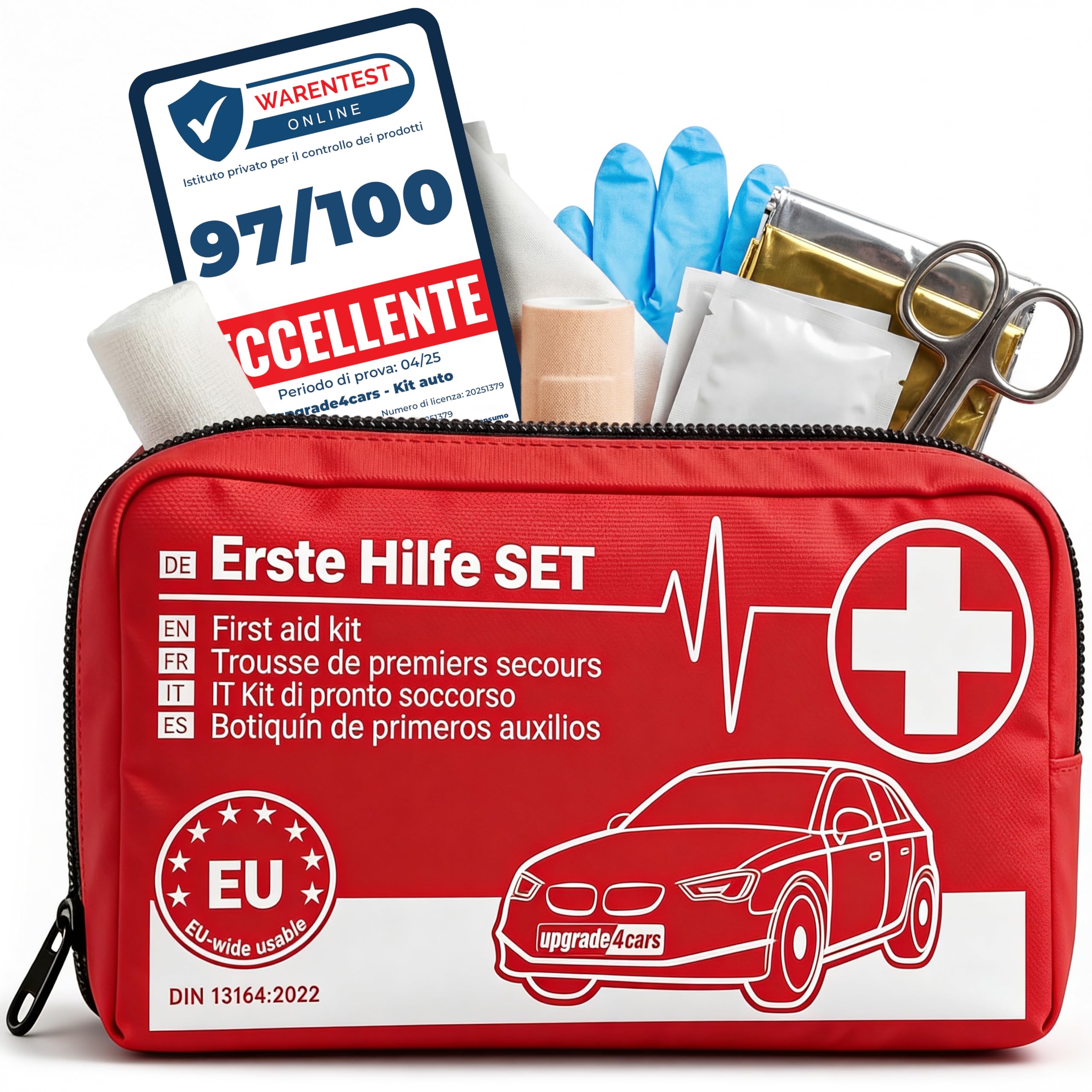Upgrade4cars Kit di Primo Soccorso Auto 2026 DIN 13164 Set Valido in Tutta Europa | Borsa di Medicazione anche per Casa e in Viaggio