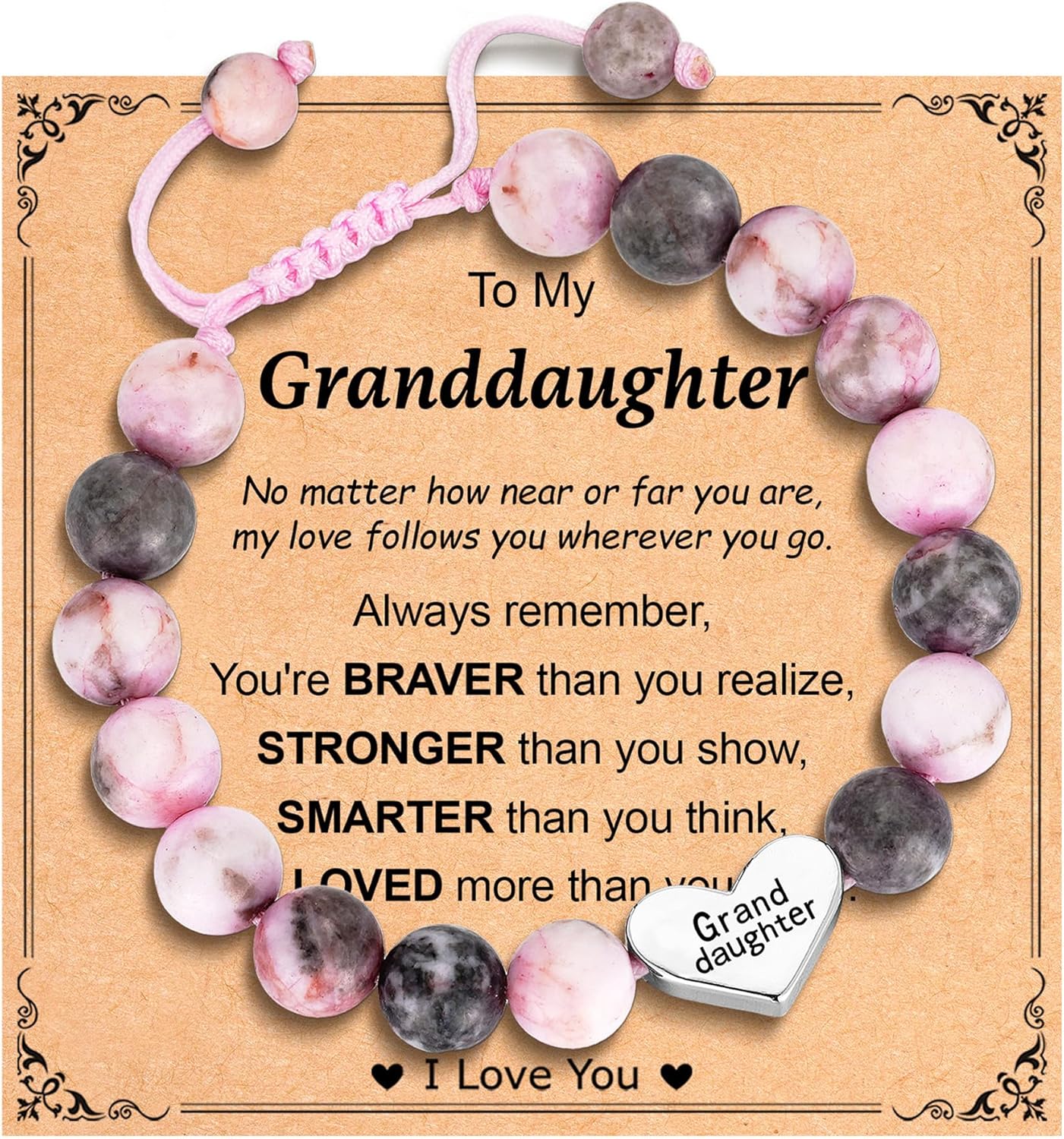 Granddaughter Daughter Gifts -Heart Natural Stone Beaded Bracelet for Girls, Valentines Birthday Gifts for Girls Daughter Granddaughter