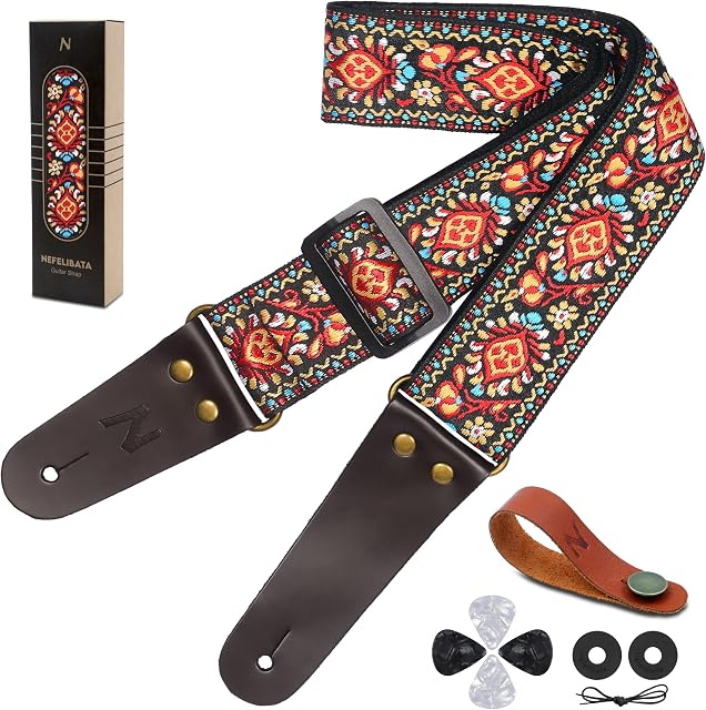 Guitar Strap, Vintage Embroidered Cotton Guitar Straps with Genuine Leather Ends for Bass, Electric, Acoustic Guitars, Come with Free Strap Button, 2 Strap Locks and 4 Guitar Picks (Red Embroidery)