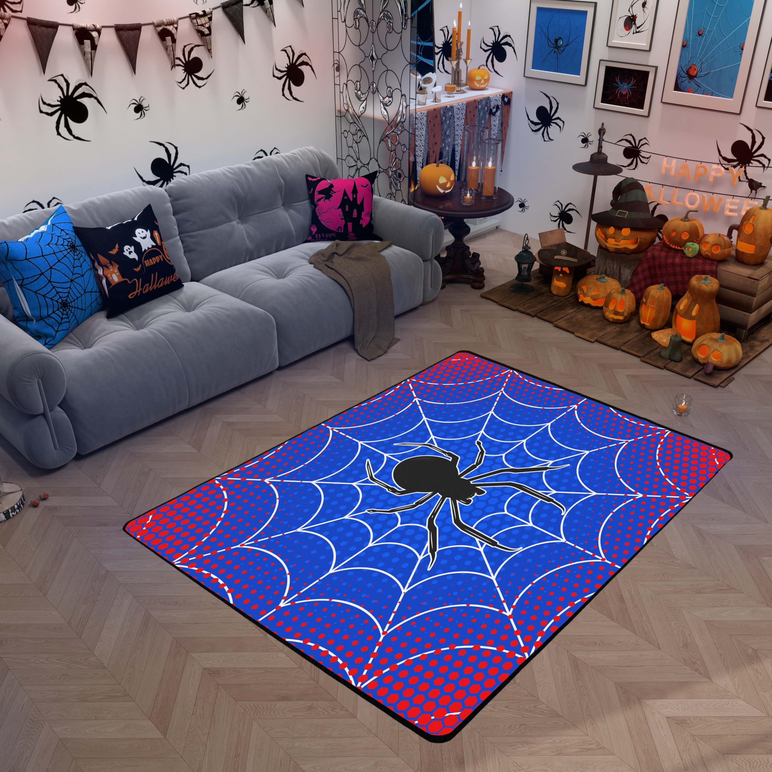 Spider Web Kids Area Rug,Black Spider Arachnid Insect Animals Indoor Floor Mat Entrance Rug for Boys Man Girls Women,Happy Halloween Non Slip Rug,Red