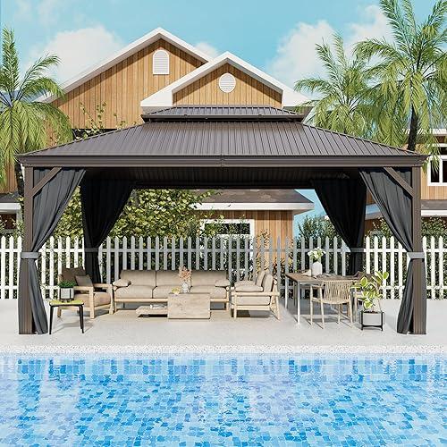 12'X16' Hardtop Gazebo, Outdoor Galvanized Steel Metal Gazebo with Double Roof, Heavy Duty Permanent Aluminum Gazebo with Netting and Curtains for Patio, Deck, Lawn, Backyard