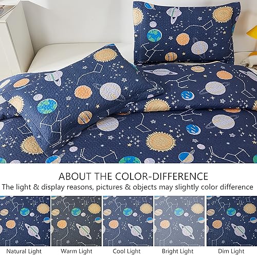 Miniatura 5 de Juego de colcha de 3 piezas para niños, diseño de planetas del zodiaco, galaxia, espacio exterior, tamaño matrimonial, tamaño Queen, ilustración