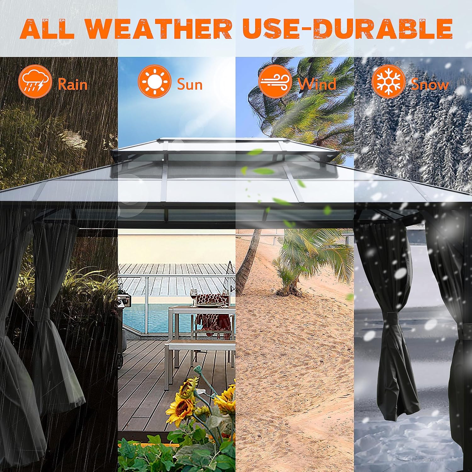 Collage of images depicting the gazebo in various weather conditions: rain, sun, wind, and snow, illustrating its all-weather durability.