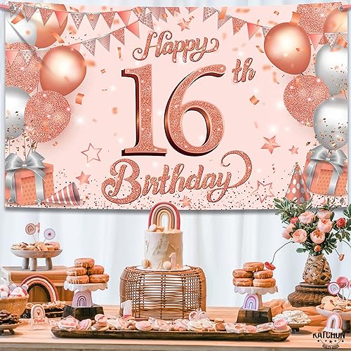Miniatura 8 de Katchon, Xtralarge - Pancarta de feliz cumpleaños número 16, 72 x 44 pulgadas, fondo rosa dulce 16, decoraciones de cumpleaños para niñas  Cartel de
