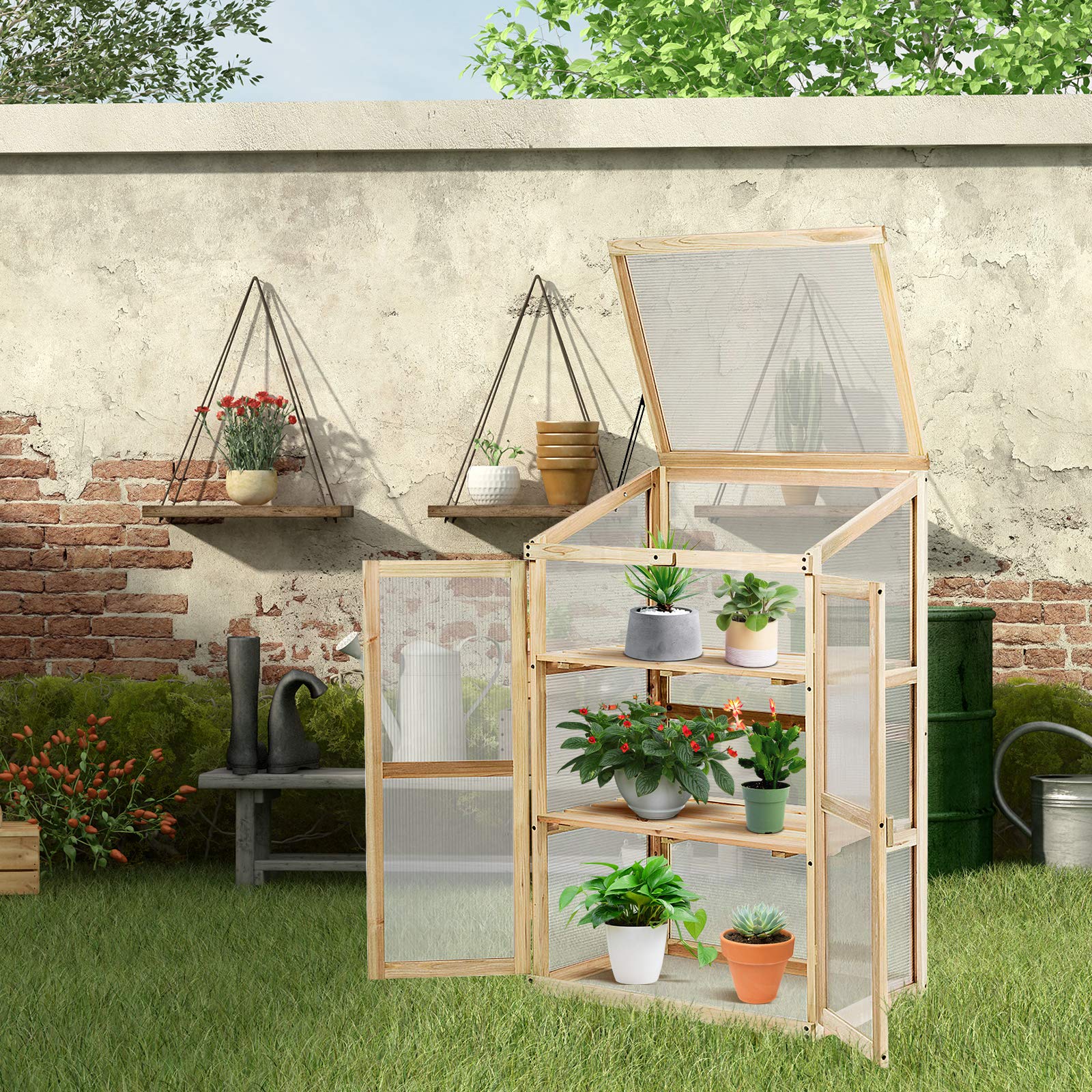 GOPLUS Frühbeet, Frühbeetkasten mit Abdeckung, Gewächshaus aus Tannenholz & Polycarbonat, Hochbeet Treibhaus für Garten & Balkon, 60 x 45 x 100 cm