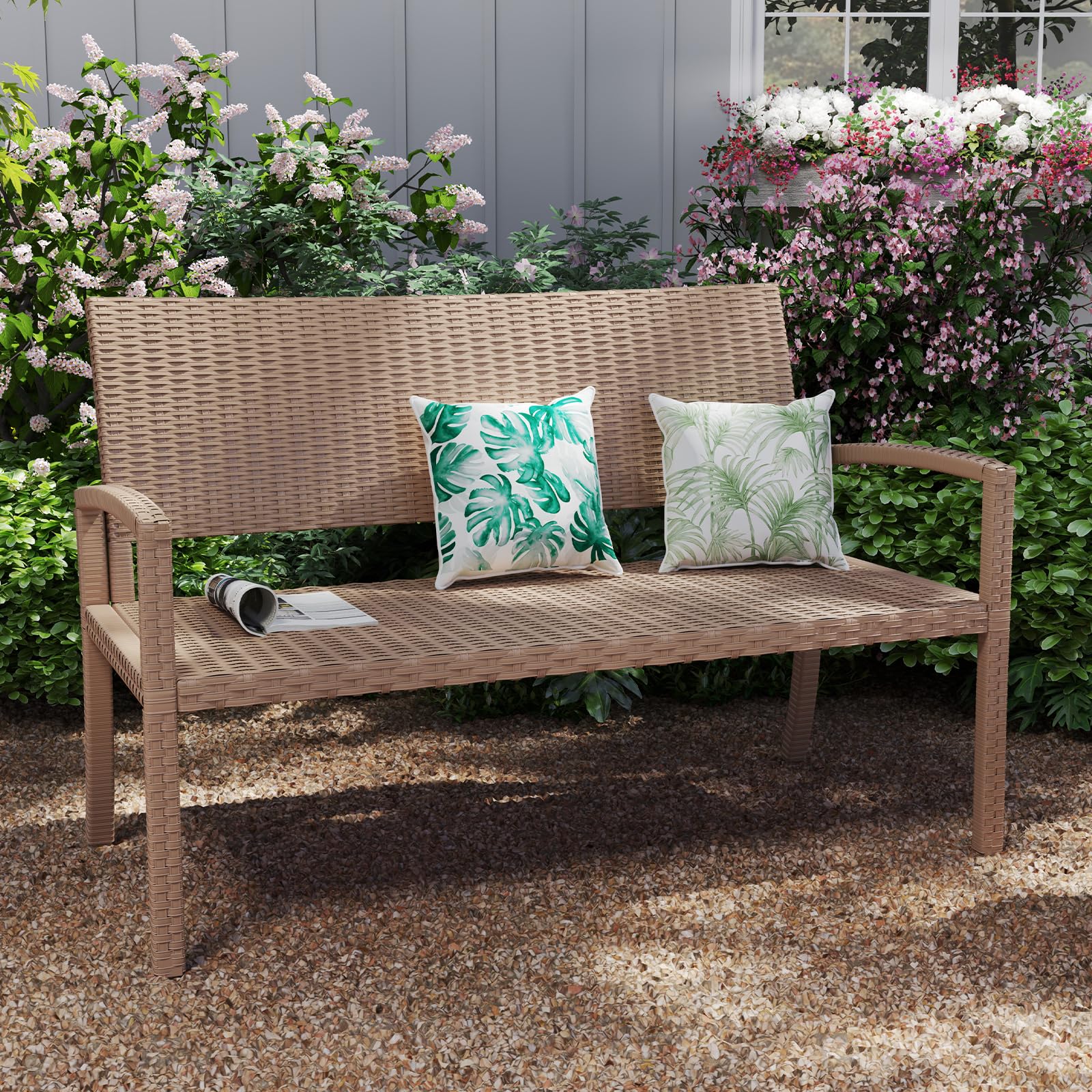 UDPATIO Gartenbank Wetterfest aus Polyrattan, Rattan Sitzbank Outdoor, Terrassenbank mit Armlehnen & Rückenlehne, Balkon Bank 320kg belastbar für Garten, Terrasse, Beige