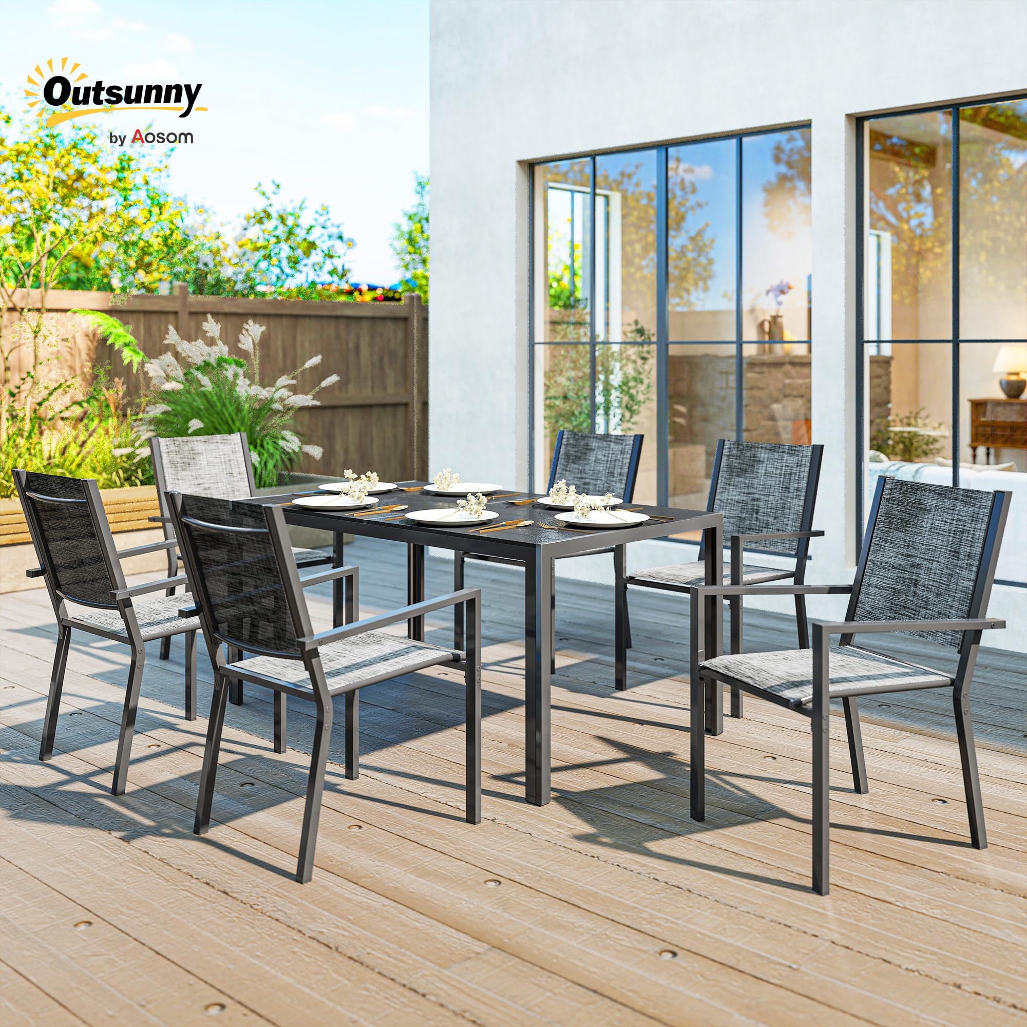 Outsunny Salon de Jardin extérieur 7 pièces, Table de Jardin extérieure avec 6 chaises empilables, Plateau à Lattes 150 cm, Structure en Acier Anti-Rouille, mobilier de Jardin, terrasse, Patio, Noir