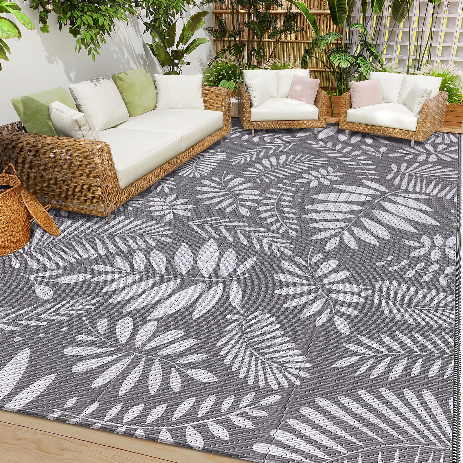 Outdoor Rug, Patio Rug, Plastic Straw Camping Rugs, Large Waterproof Area Rug and Mat for Outdoors, RV, Patio, Backyard, Deck, Porch, Beach, Balcony, (8'x 10', White&Gray)