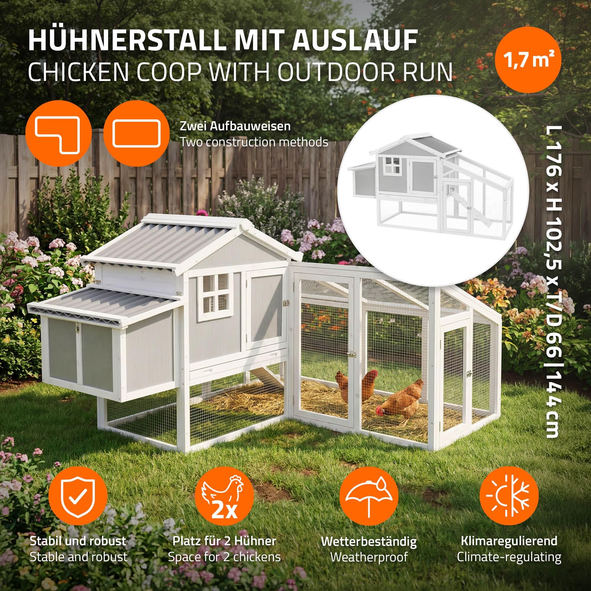 ECD Germany Gallinero Exterior de Madera Maciza con Corral para Gallinas, XXL 144x176x102,5cm Cubierta de Alambre Galvanizado, Bandeja de Heces Extraíble, Dos Cajas Nidos y Rampa, Parque para Animales
