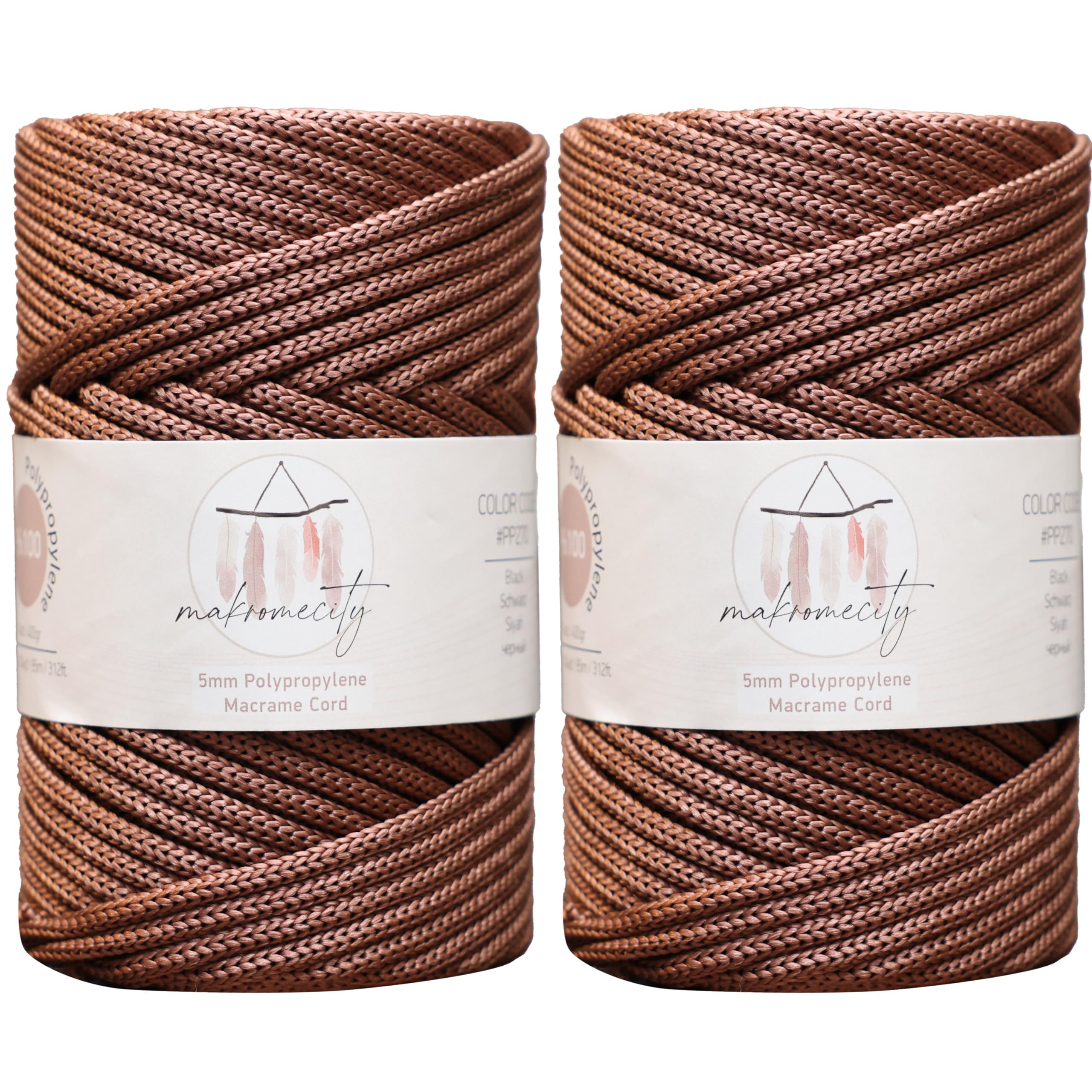Makromecity, 2 Skeins of Polyester Macrame Cord 5mm x 104 yards (311 feet) 5mm Polypropylene Copper Macrame Cord Crochet Macrame Bag Cord Crafts for Wall Hangings, Bags, Underplate, Rug
