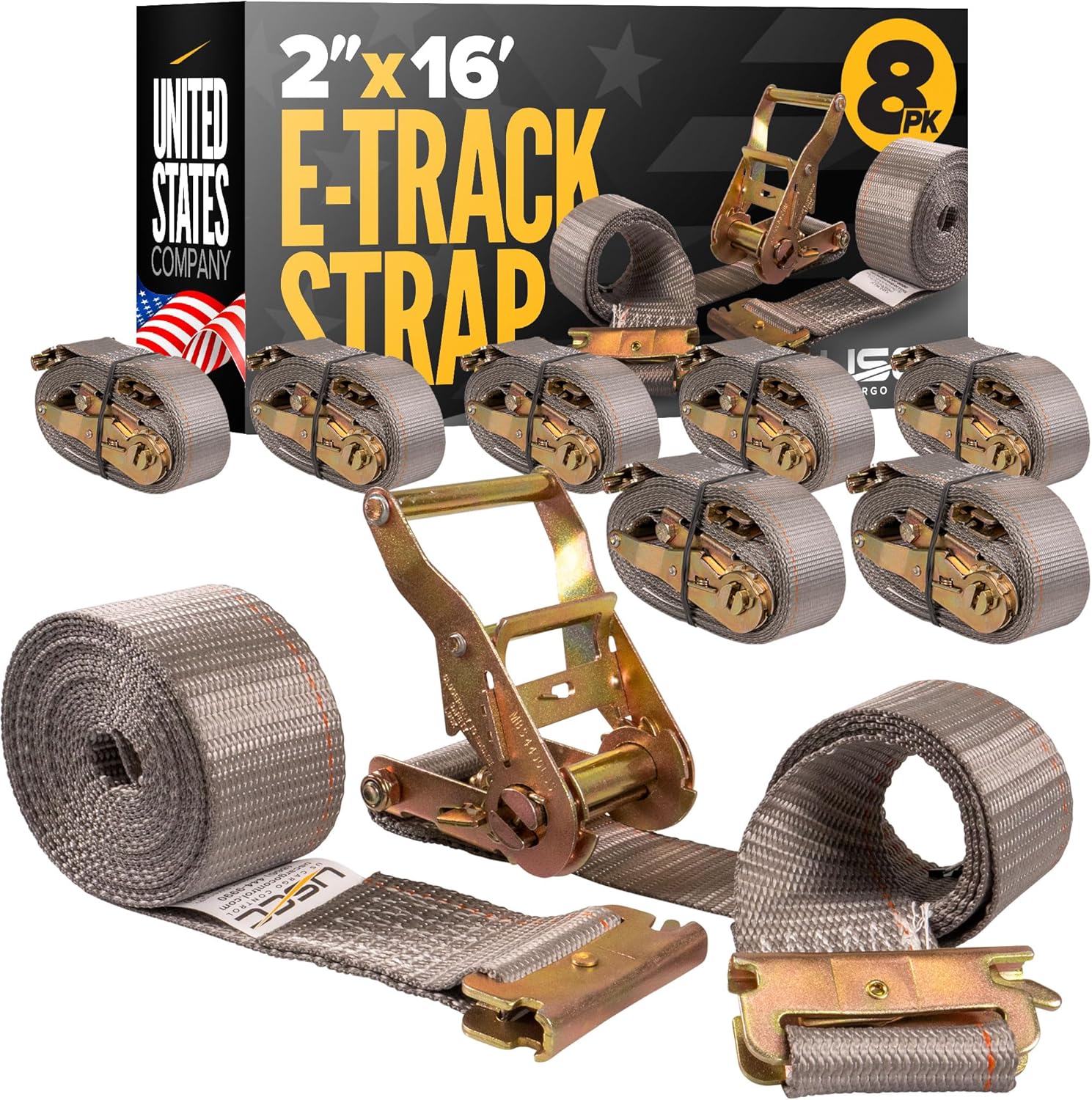 US Cargo Control E Track Straps 2" x 16' (8-Pack), 4,400 LBS Break Strength, Gray Heavy Duty E Track Ratchet Straps with 4' Fixed End and Spring E-Fittings, Logistic Tiedowns for Box Trucks, Vans
