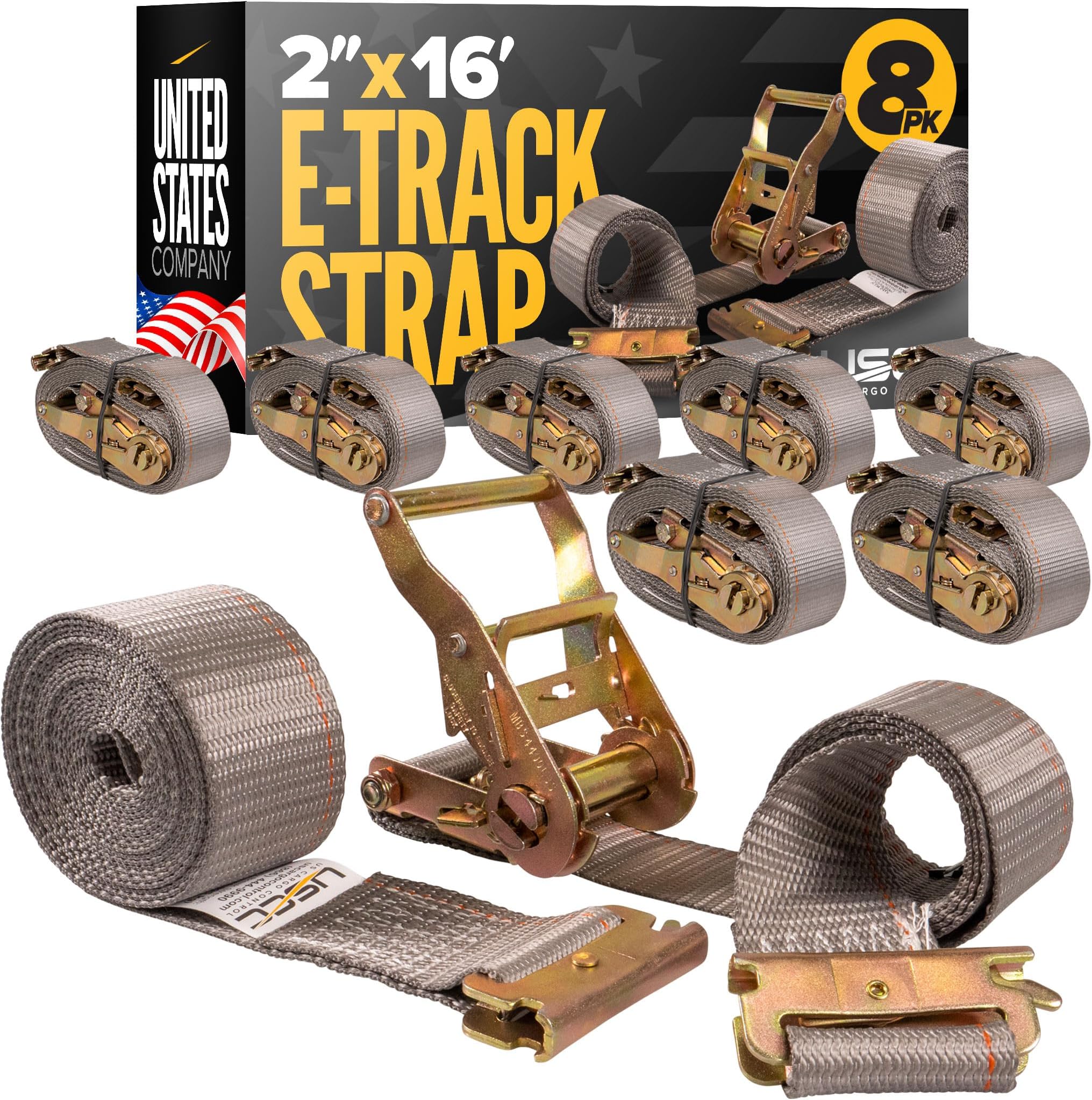 US Cargo Control E Track Straps 2" x 16' (8-Pack), 4,400 LBS Break Strength, Gray Heavy Duty E Track Ratchet Straps with 4' Fixed End and Spring E-Fittings, Logistic Tiedowns for Box Trucks, Vans