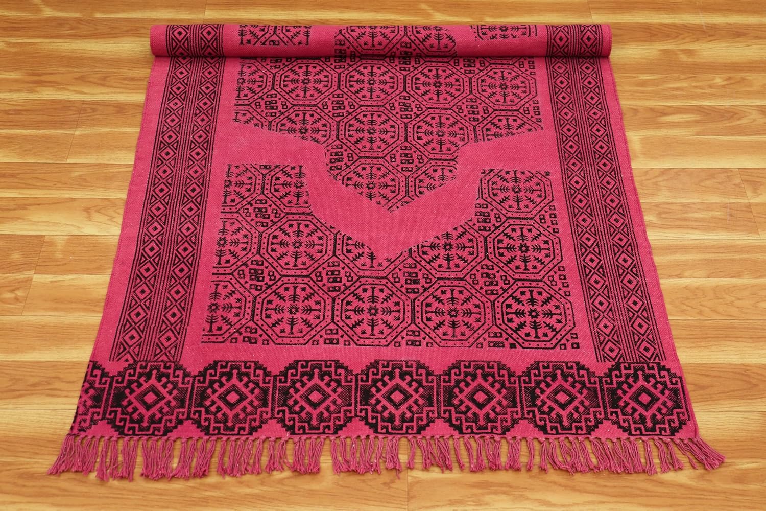 4x20 Kilim Runner Stone Washable Runner Hand Block Printed Cotton Carpet Thick 0.19" Hand Surface Wash Pink & Black Flatweave Rug Indoor Outdoor Rugs for Hallway,Staircases,Corridor