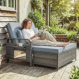 Outsunny 2 Pieces Patio Lounge Chair Set with Cushions, PE Wicker Outdoor Chaise Lounge with Adjustable Backrest, Side Trays and Storage Ottoman, Tanning Chair, Light Grey