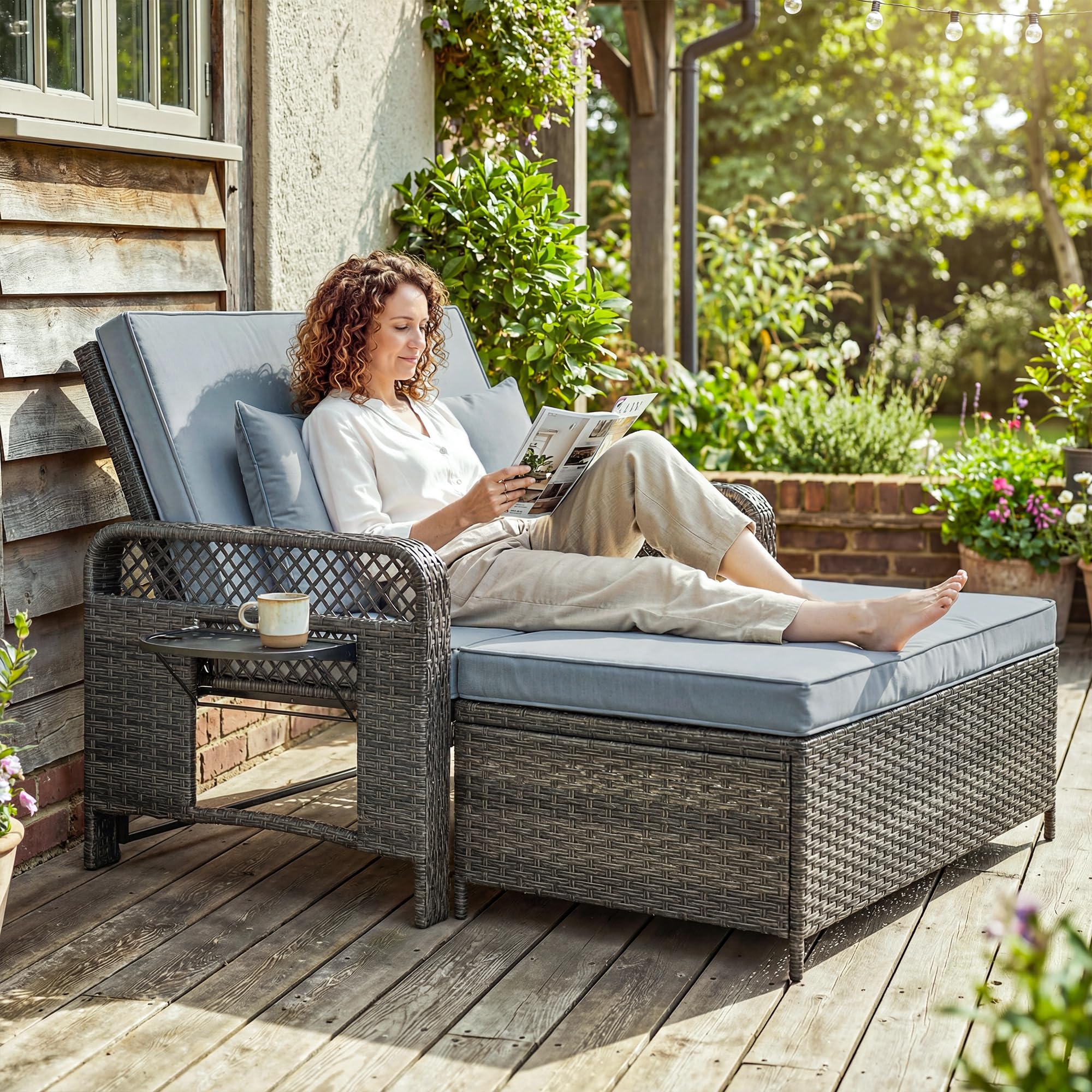 Outsunny 2 Pieces Patio Lounge Chair Set with Cushions, PE Wicker Outdoor Chaise Lounge with Adjustable Backrest, Side Trays and Storage Ottoman, Tanning Chair, Light Grey - 1