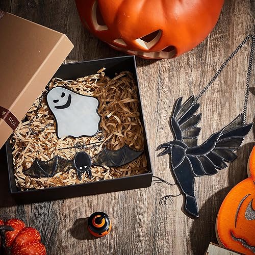 Miniatura 4 de Soaoo 3 piezas de vidrieras de Halloween para colgar en la ventana de murciélagos, decoración de Halloween, decoración de cuervo colgante de