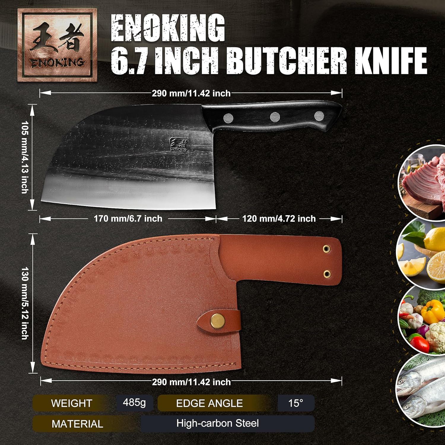 ENOKING Serbian Chef Knife 6.7 Inch, Handmade Professional Meat Cleaver Knife with Leather Sheath, High-Carbon Clad Steel Butcher Knife with Full Tang Handle for Kitchen, Camping, BBQ - Image 5