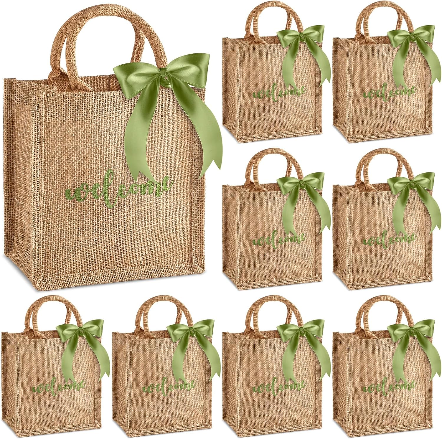 party greeting 10 Pack Burlap Welcome Gift Bags with Handles Jute Wedding Bags with 1 Roll of Sage Green Ribbon Bridesmaid Bag Party Favor Bag Suitable for Parties Birthdays Weddings