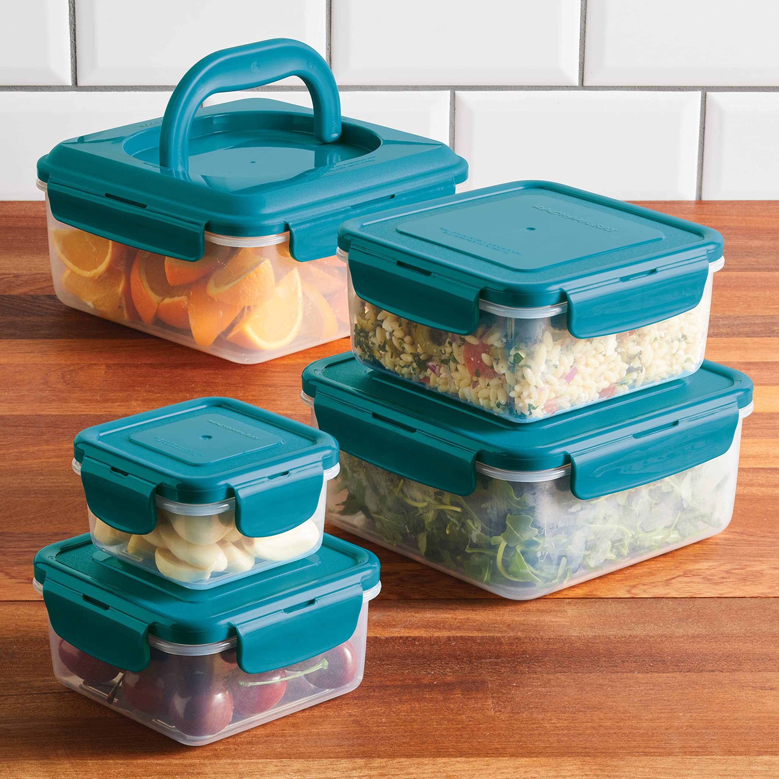 Rachael Ray Auslaufsicherer Stapelbehälter Frischhaltedosen-Set, 10-teilig, blaugrüne Deckel