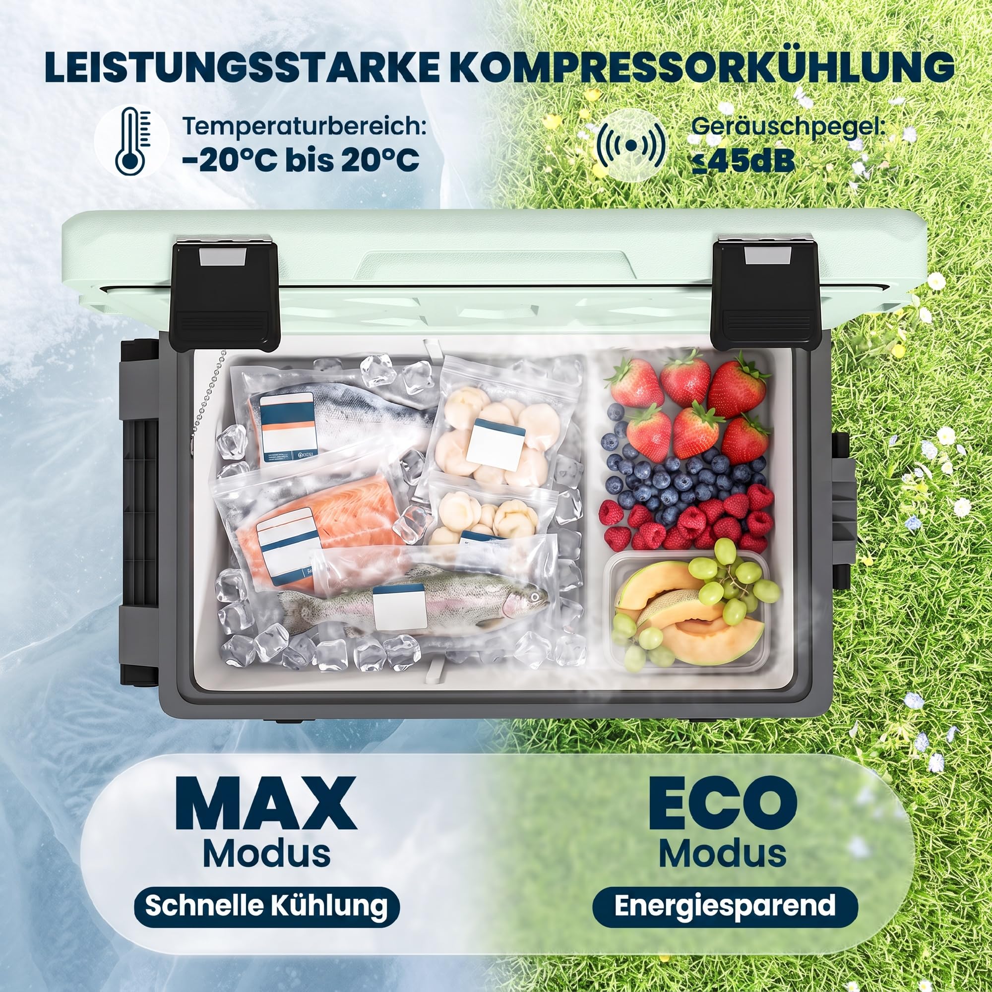 Outsunny 42,5L kompresor chłodziarka cicha do -20℃ BT LED rolka Zielony | Mini lodówka elektr., funkcja chłodzenia, uchwyt na tel., antywstrząsowy, zamrażarka, 12/230V, auto, ciężarówka, podróż