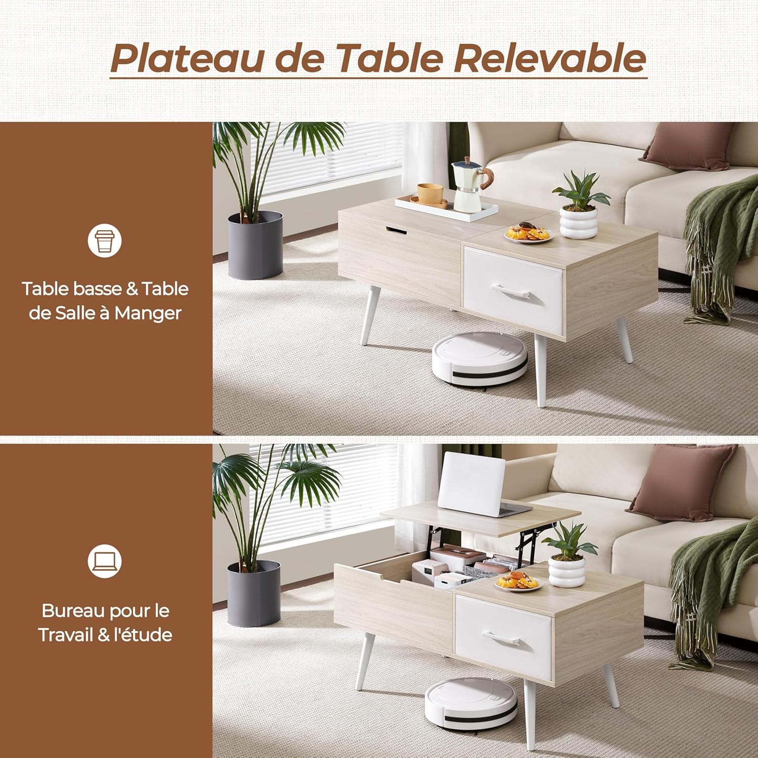 Yaheetech Lift-Top Coffee Table in both lowered and elevated positions