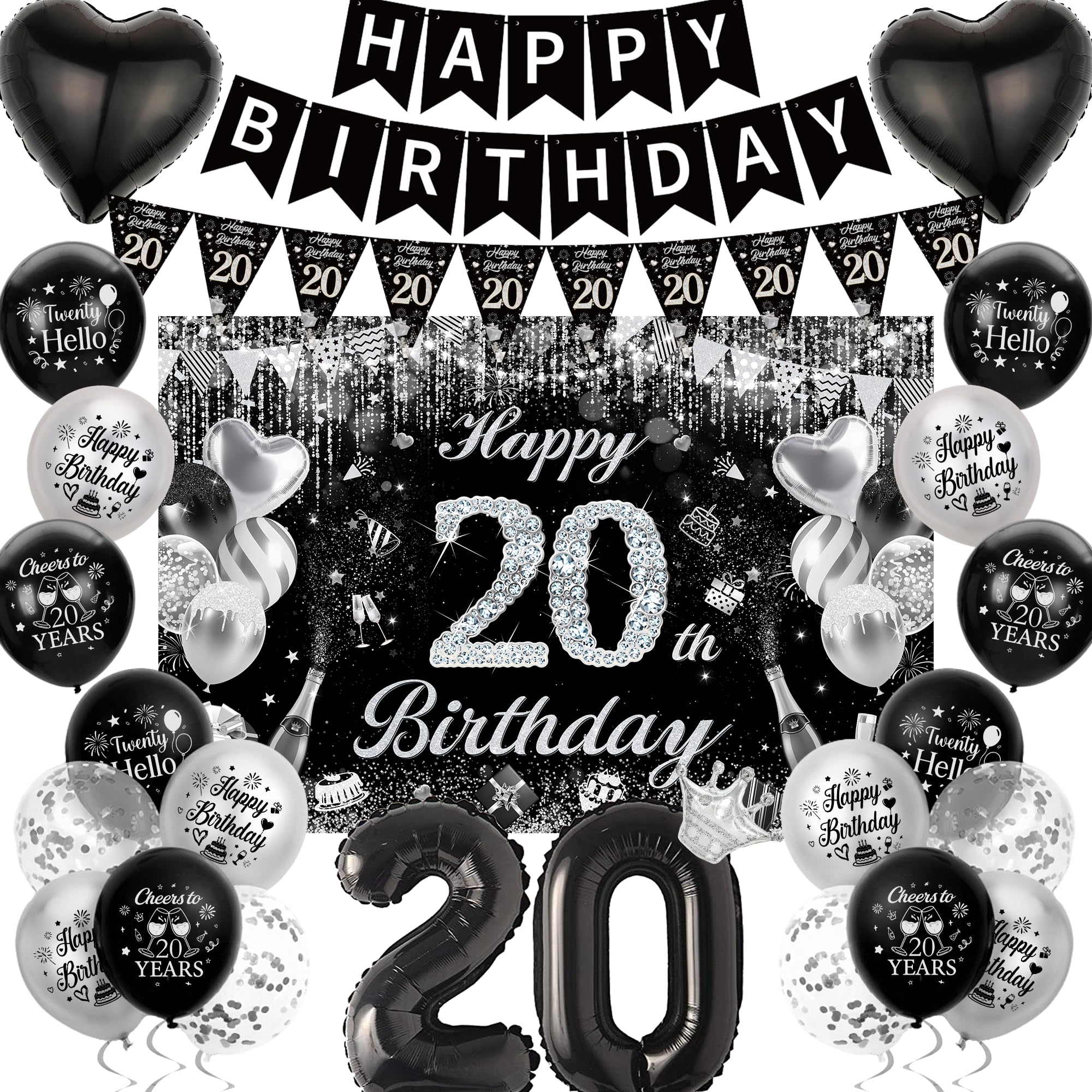 20th Birthday Party Decorations Banner Black Silver Backdrop Balloons Set