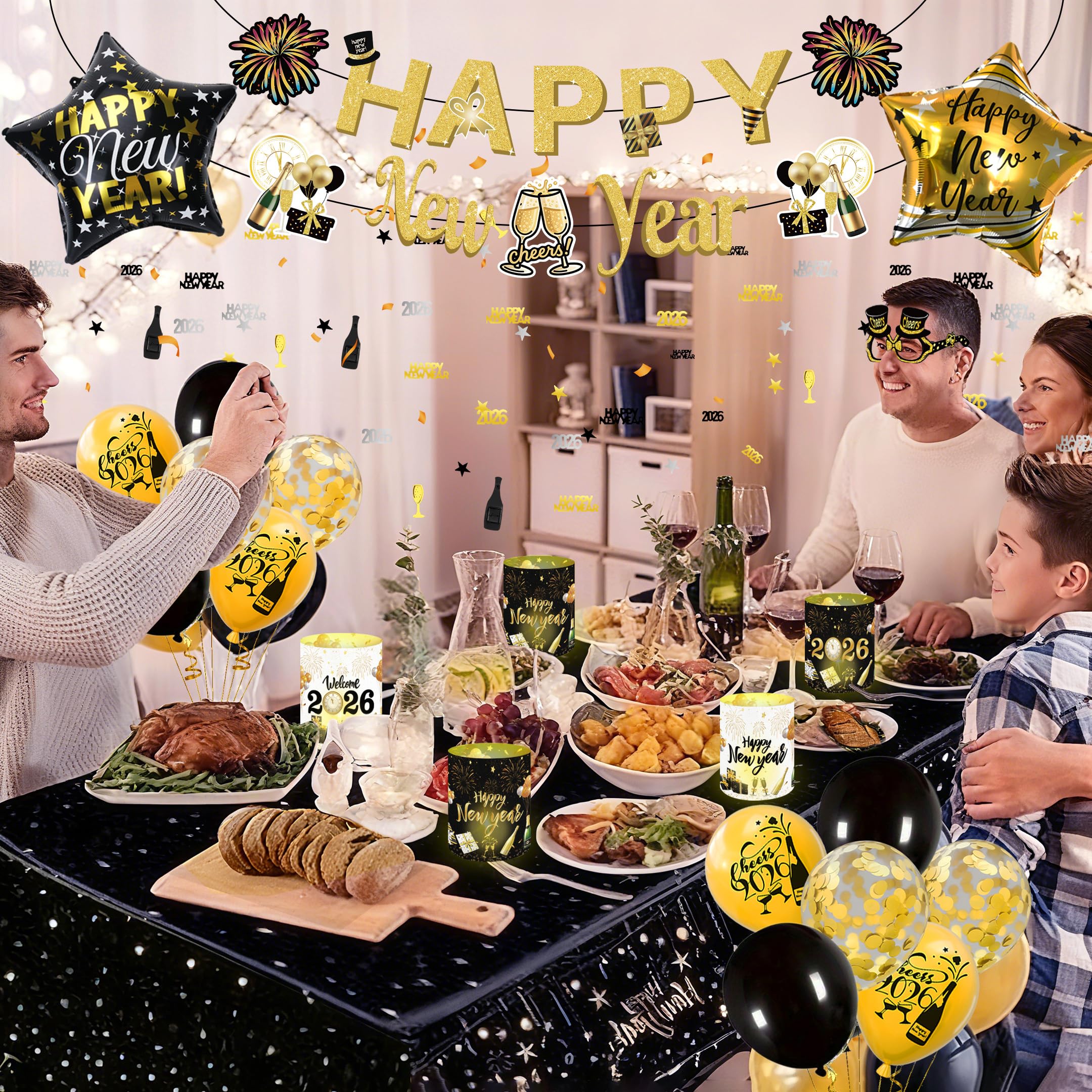 Oudejaarsavond Decoratie 2026 Nieuwjaar banner, grote Happy New Year banner 180 x 110 cm, nieuwjaarsachtergronddecoratie, oudejaarsavond feestaccessoires, Happy New Year 2026 stoffen foto