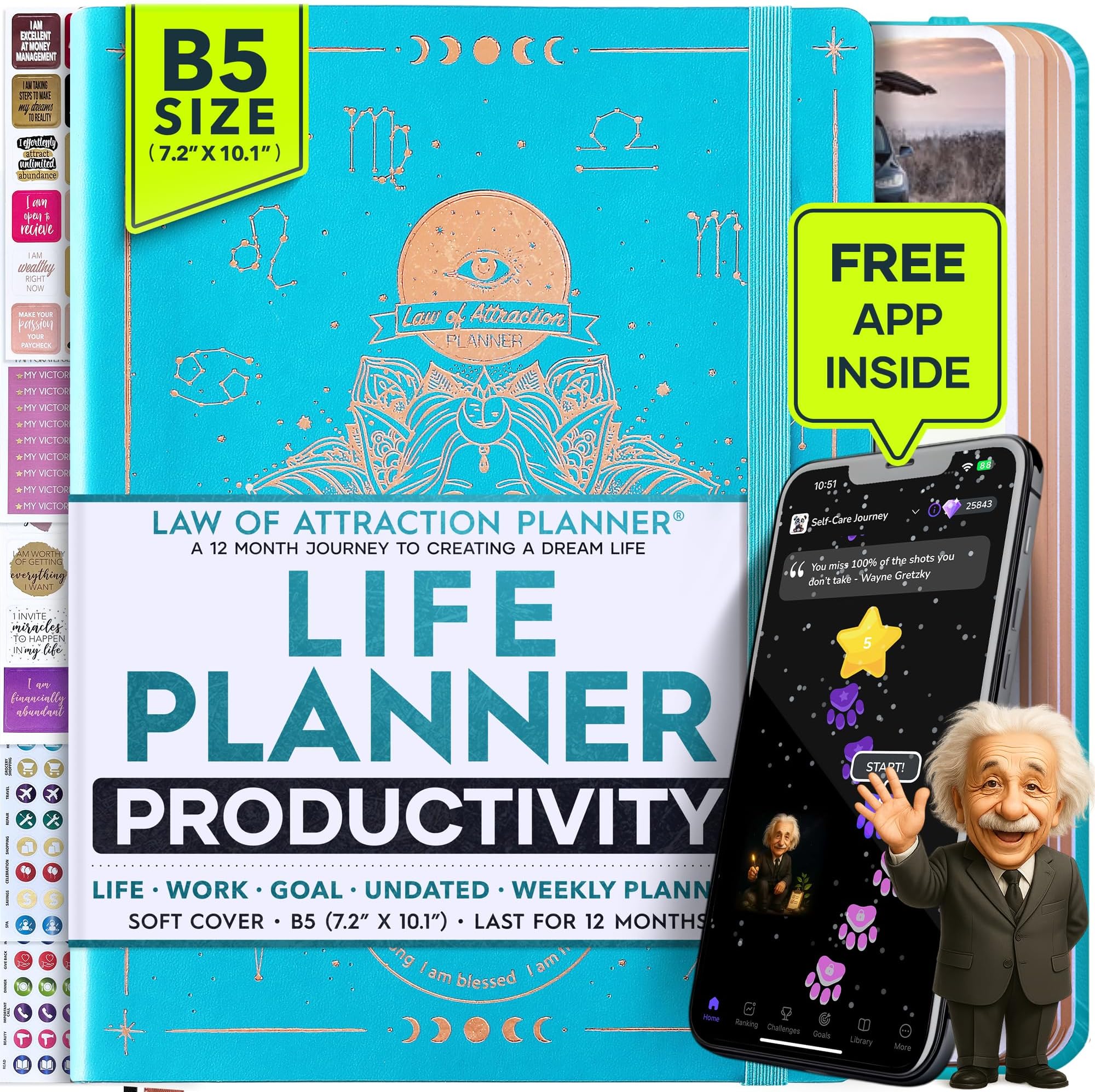 Deluxe Weekly and Monthly Planner | Law of Attraction Planner with Productivity App | 12-Month for Productivity, Gratitude & Goal Setting | Includes Foldable Vision Board, Gift Box & Stickers