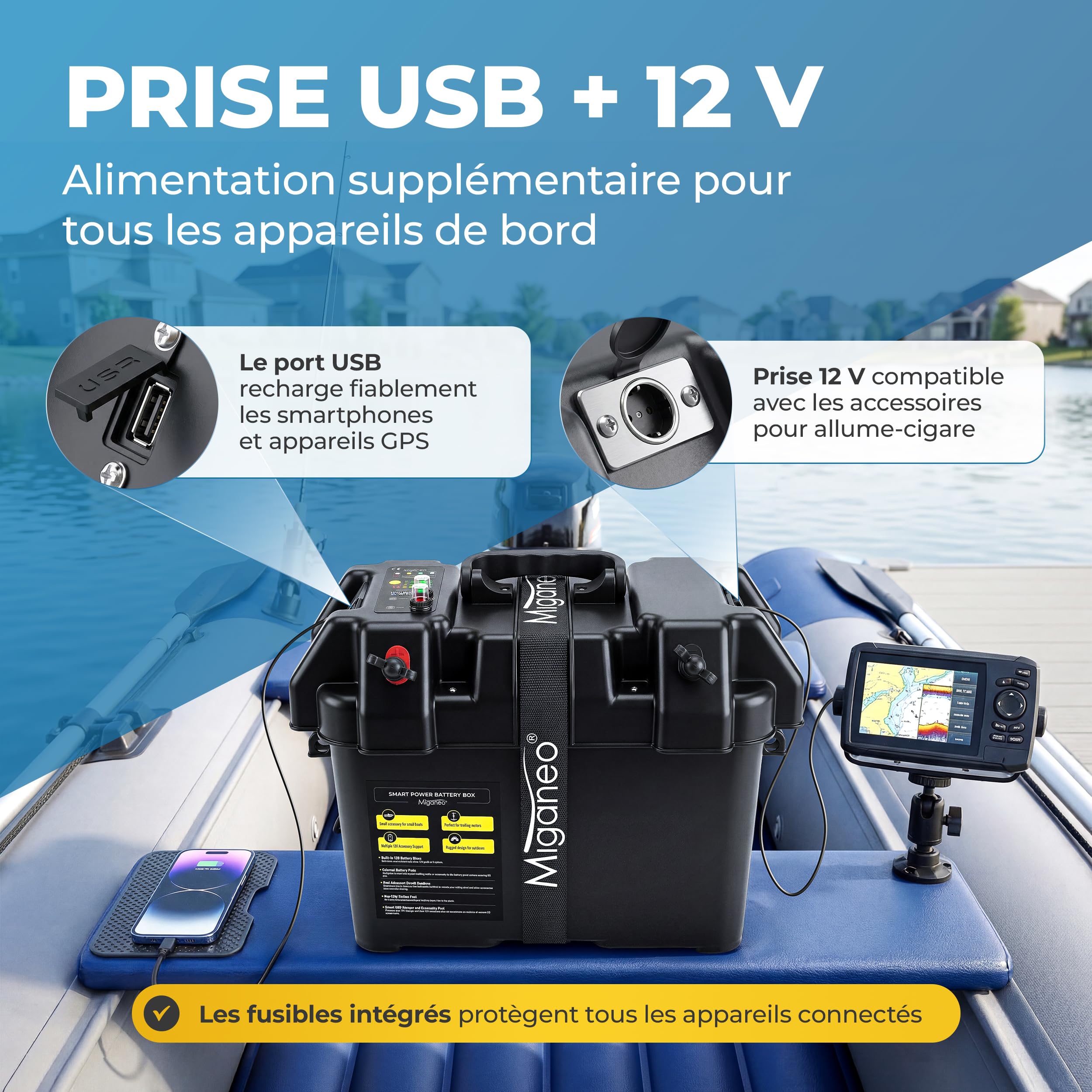 Miganeo Boîtier de Batterie Étanche – Battery Box 12V avec Port USB & Prise 12V – Protection Robuste contre Éclaboussures & Milieu Marin – jusqu’à 100Ah
