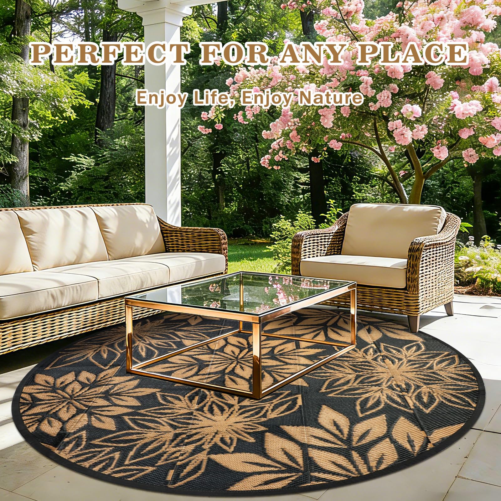 Tapis d'extérieur rond pour patio 180 cm, Feuilles noires, Tapis de jardin extérieur réversible imperméable, résistant aux UV, Tapis de sol rond pour patio extérieur pour balcon, terrasse