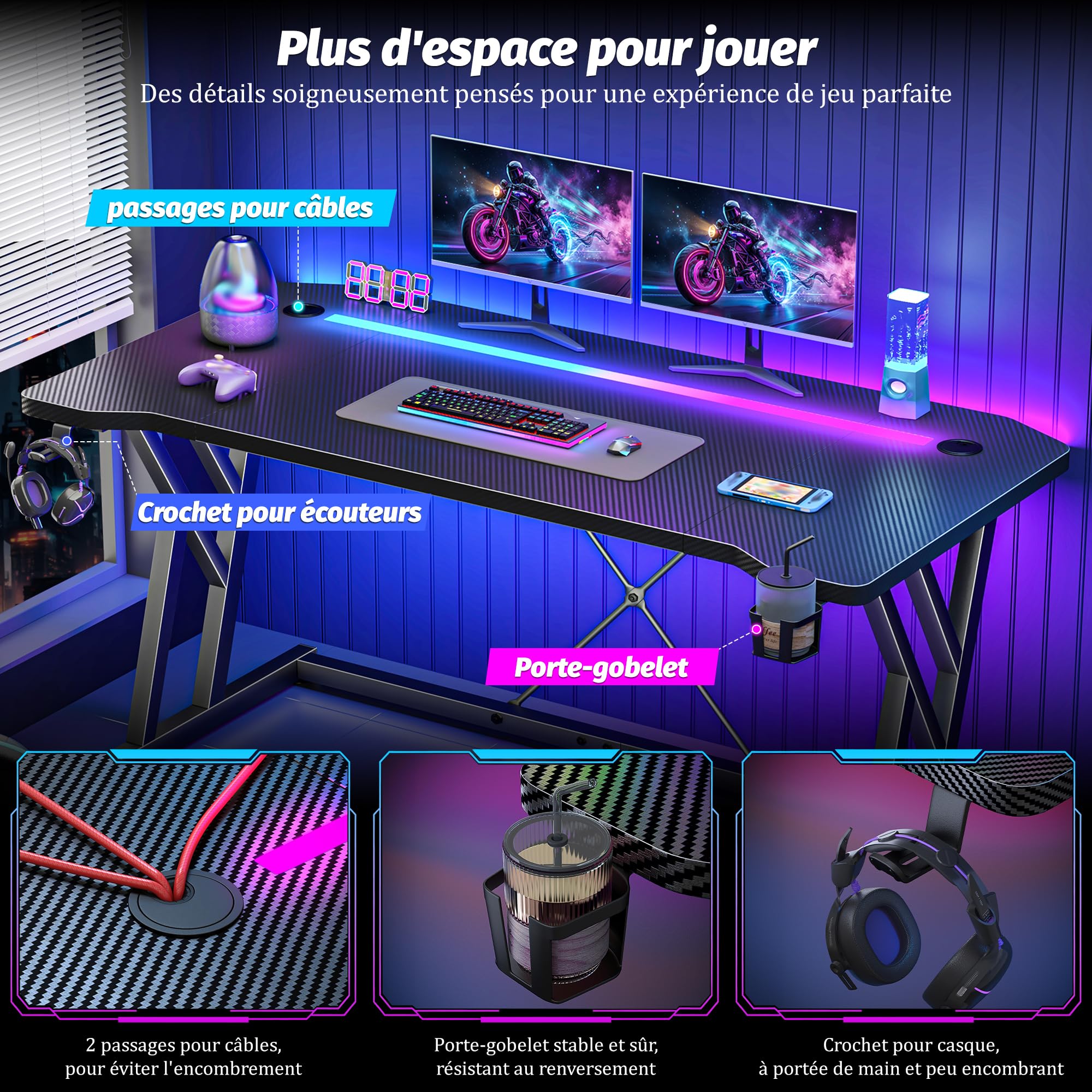 120 x 60 x 75 cm Bureau Gaming LED, Structure Double Z Stable