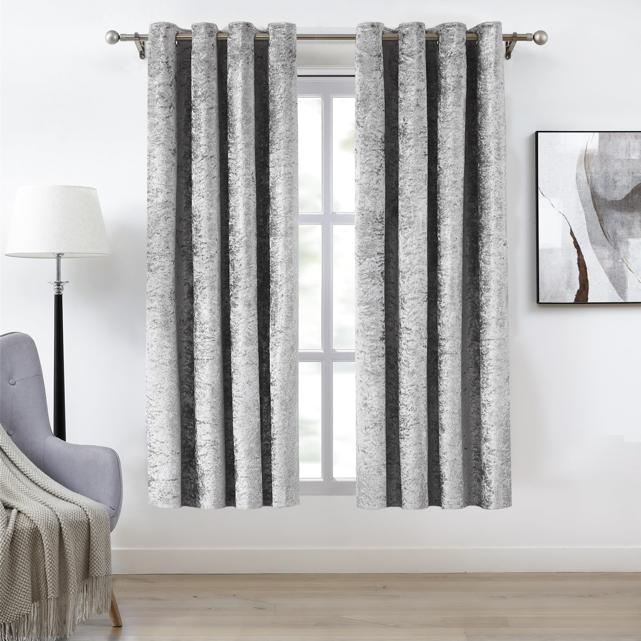 Bujasso Silver Full Blackout Velvet Curtains 72 inch 2 Panels Eyelet Thermal Insulated Blackout Lining Drapes for Living Room Bedroom Crushed Velvet Room Darkening Curtains Grommet Top W46xL72