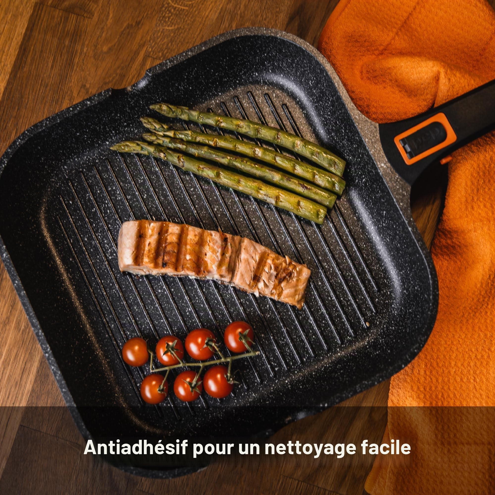 Poêle grill 29 cm, manche amovible, compatible induction, électricité et gaz, revêtement antiadhésif Whitford, pouvant aller au four