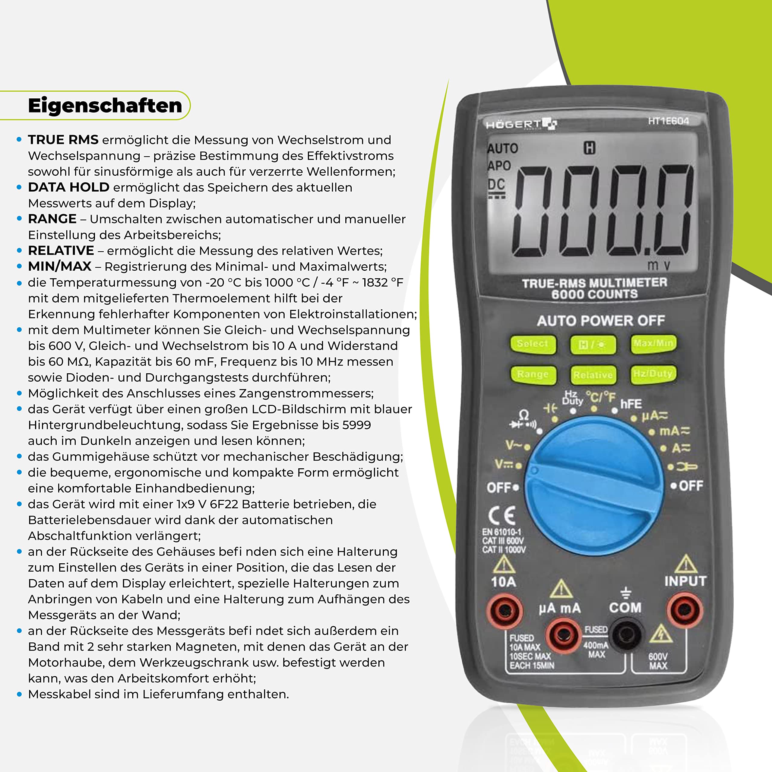 Högert Technik - Wielofunkcyjny cyfrowy miernik I multimetr do 600 V / 10 A I RMS I ekran LCD I gumowa powłoka I ergonomiczny i kompaktowy I łącznie z kablem pomiarowym I HT1E604
