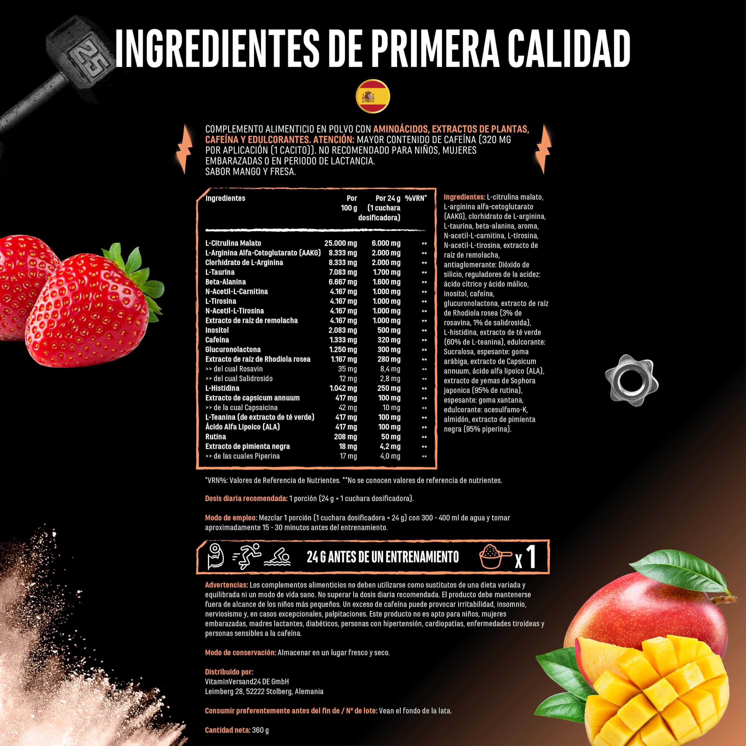 Push it to the Limit - Preentrenamiento con L-arginina + citrulina + L-tirosina + L-teanina + L-carnitina + AAKG + taurina + rhodiola rosea + cafeína - Alta dosis - 360 g - Sabor mango y fresa