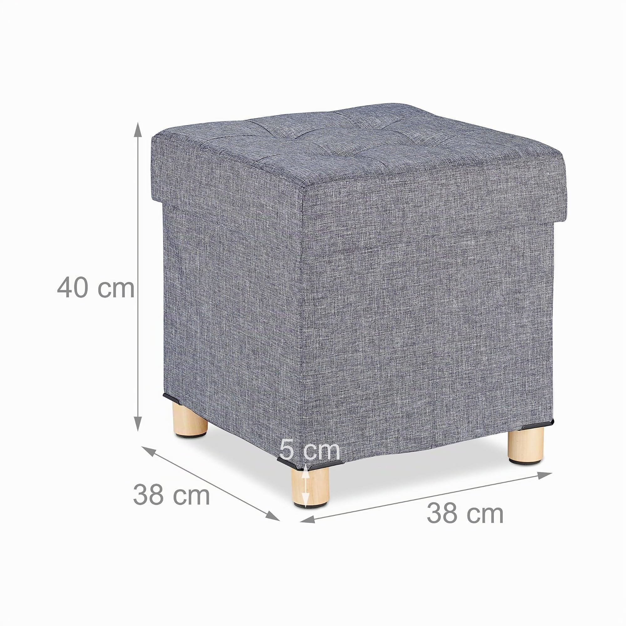 Relaxdays Puff Almacenaje, Taburete Plegable Cuadrado con Patas, DM-Tela-Madera, 1 Ud., 40 x 38 x 38 cm, Gris Oscuro