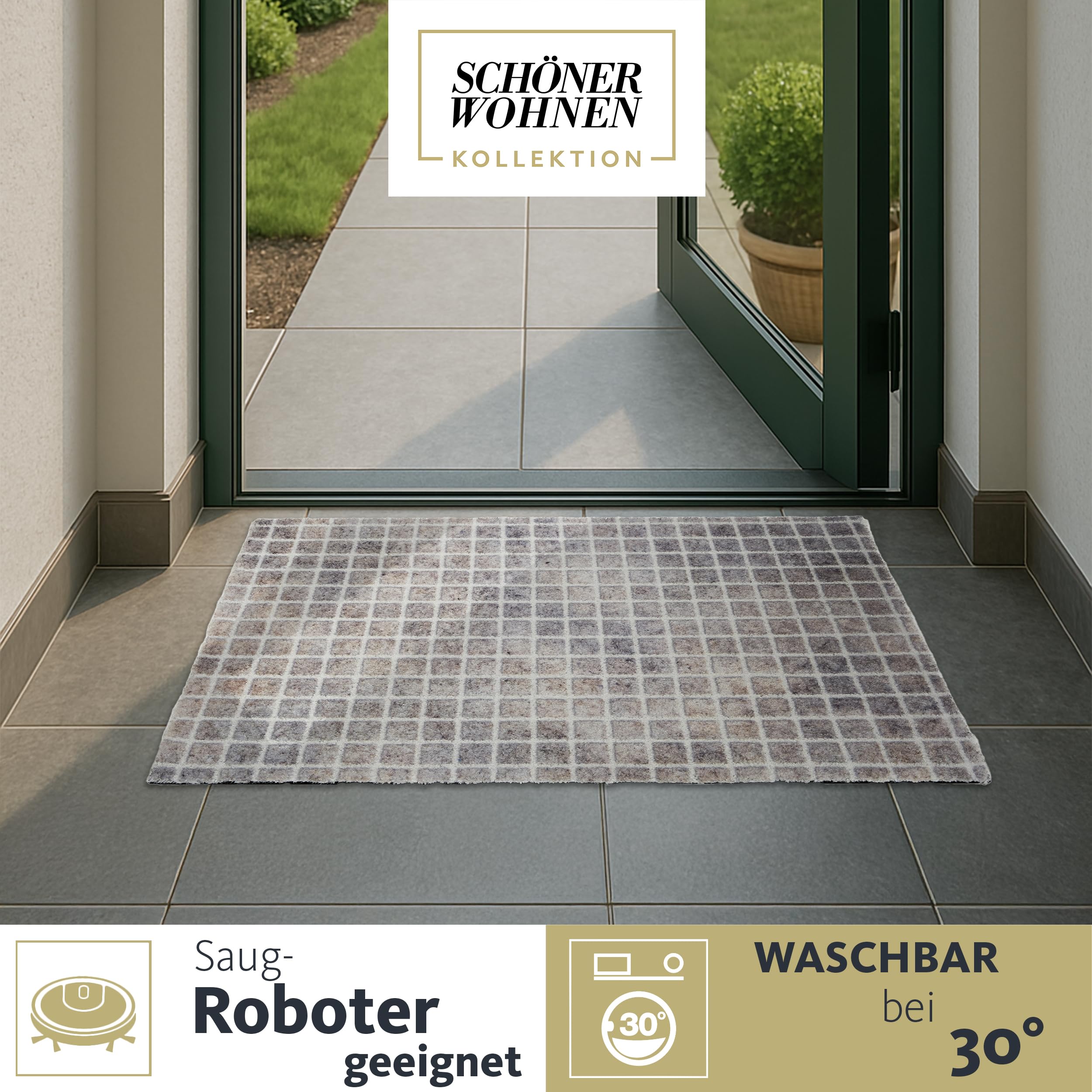 Schöner Wohnen Kollektion Wycieraczka na zewnątrz i do wewnątrz – mata zatrzymująca brud 67 x 100 cm, beżowa karo – antypoślizgowa mata do czyszczenia – wycieraczka do drzwi wejściowych – wycieraczka