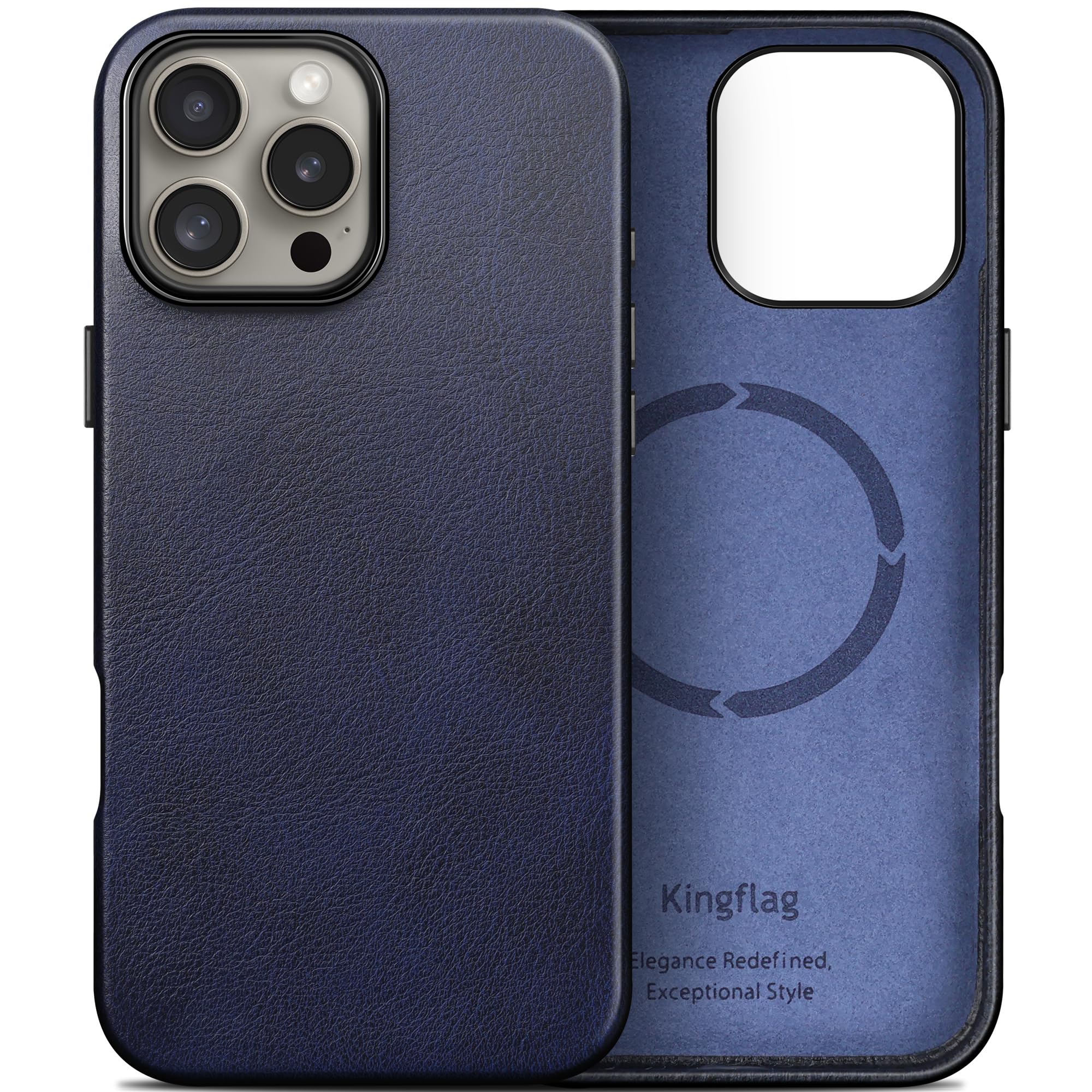 Genuine Leather Case for iPhone 16 Pro 6.3 inch, Oil Wax Top-Grain Leather, Compatible with MagSafe, Metal Buttons and Camera Bezel (Blue)