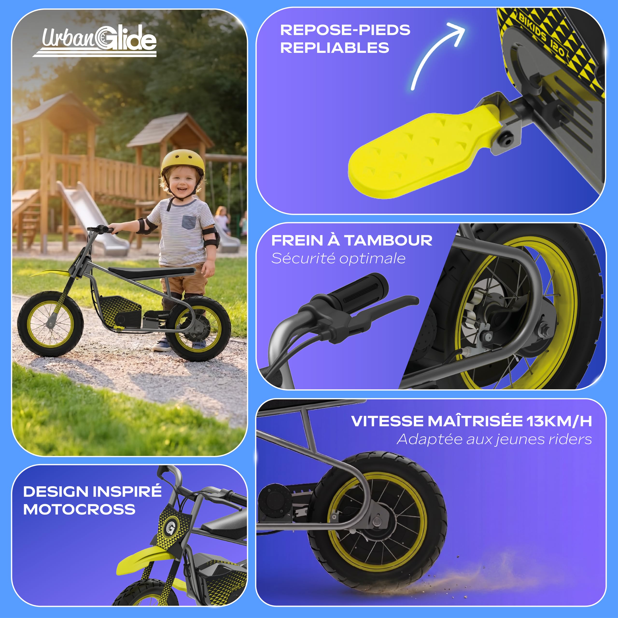 UrbanGlide BI Kids 120 – Draisienne Électrique Enfant + 6ans| 16km/h | Lumières LED RGB | 6.5 kg