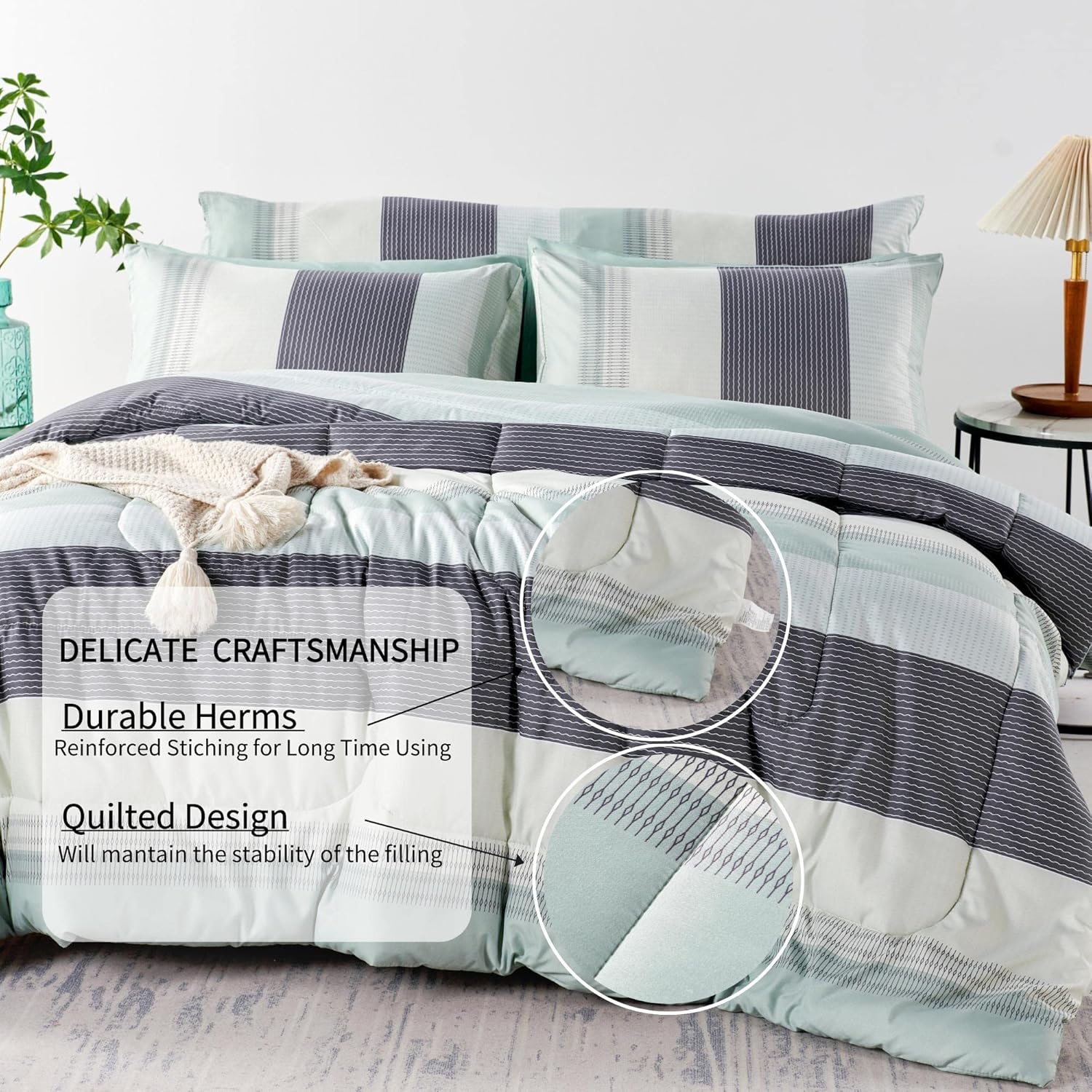RYNGHIPY Sage Green Striped Comforter Set, Geometric Lightweight Soft Bedding Set, All Season Down Alternative Men Boy Comforter with Sheets Pillowcses (Full,Sage Green) - Image 4