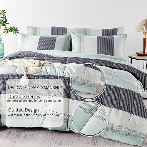 Miniatura 4 de RYNGHIPY Juego de edredón a rayas verde salvia, juego de ropa de cama geométrica ligera y suave, edredón alternativo de plumón para todas las