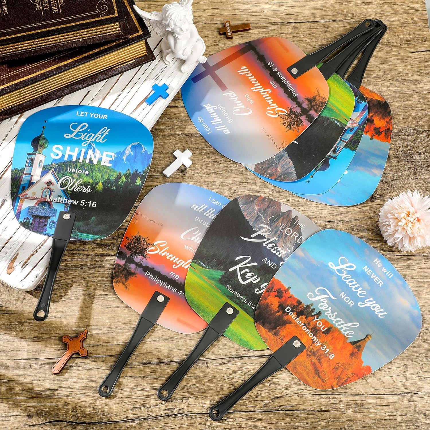 Geetery 100 Pcs Summer Church Christian Bible Fan Bulk Handheld Plastic Round Fourth of July Fans for Church Services Patriotic Party Decorations Gifts(Novel Color,Christian Bible)